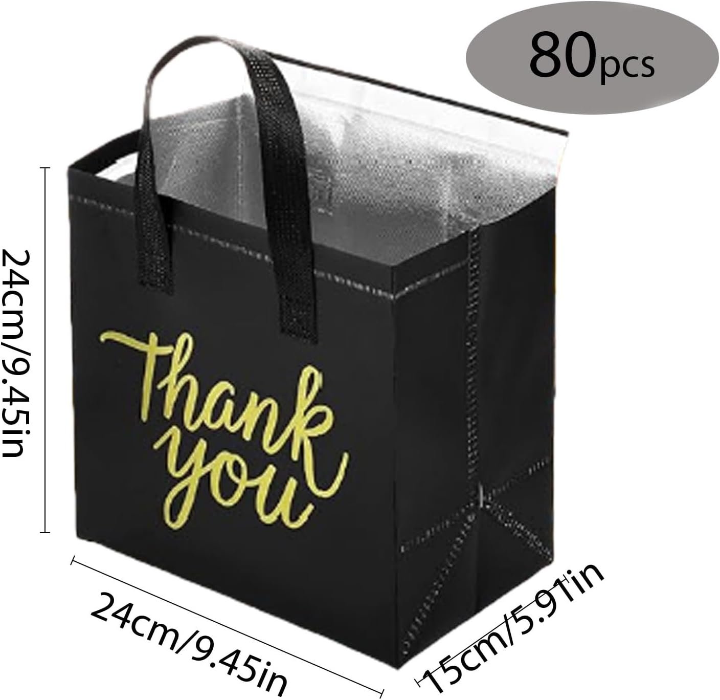 Großhandel 80er-Pack isolierte Einkaufstaschen, Catering-Lieferbeutel, Einweg-Kühltaschen für Reisen und Picknicks (schwarz mit goldfarbener Dankeschön), vom Hersteller individuell mit Logo bearbeitbar.
