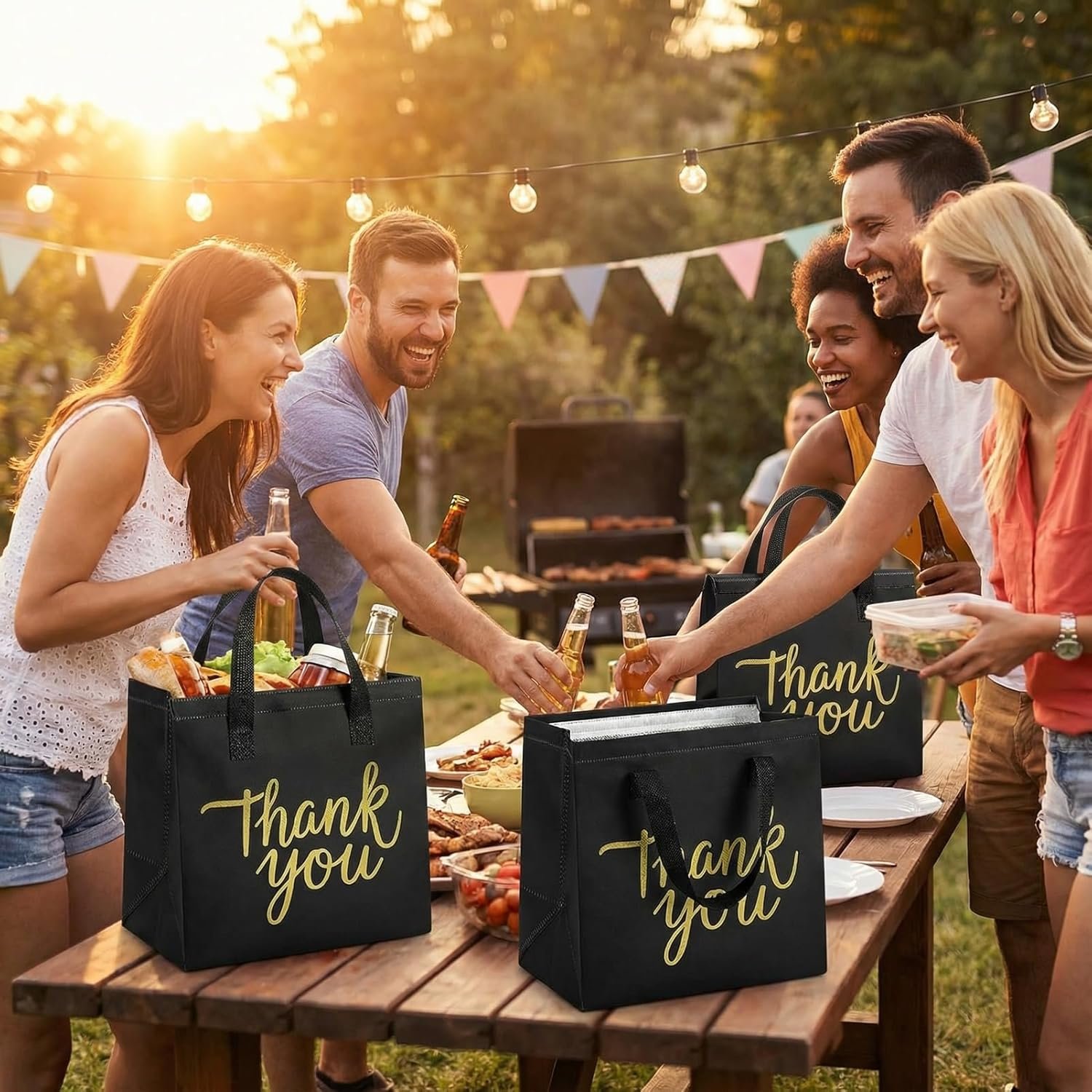 Großhandel 80er-Pack isolierte Einkaufstaschen, Catering-Lieferbeutel, Einweg-Kühltaschen für Reisen und Picknicks (schwarz mit goldfarbener Dankeschön), vom Hersteller individuell mit Logo bearbeitbar.