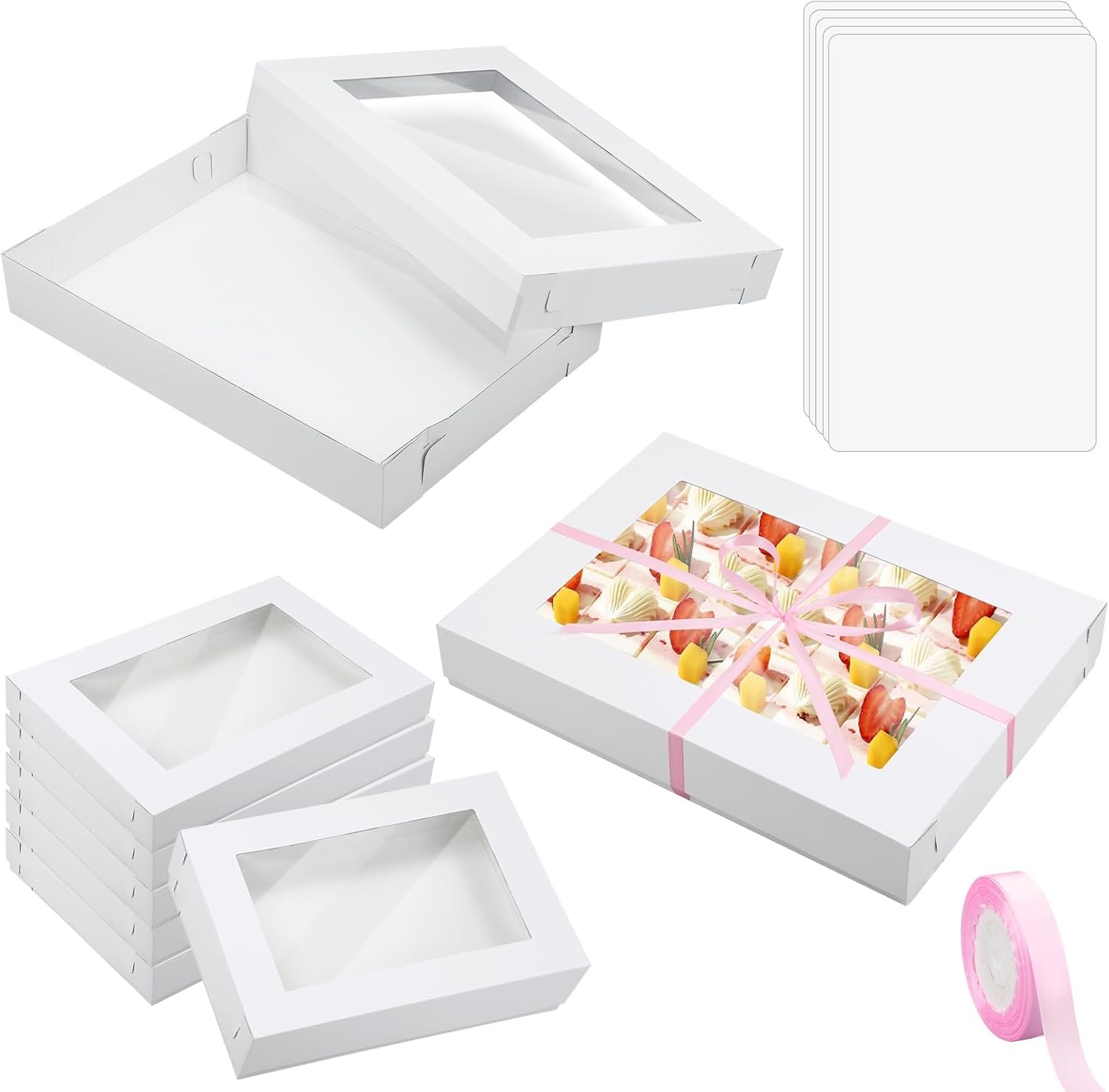 Großhandel 5 Set schwere Wellpappfenster-Kuchenbox 26x18x4 Zoll mit Tortenplatte und rosa Satinband, Individuelles Logo, große rechteckige Backwarenboxen in Weiß für Verpackungen von Cupcakes, Hersteller.