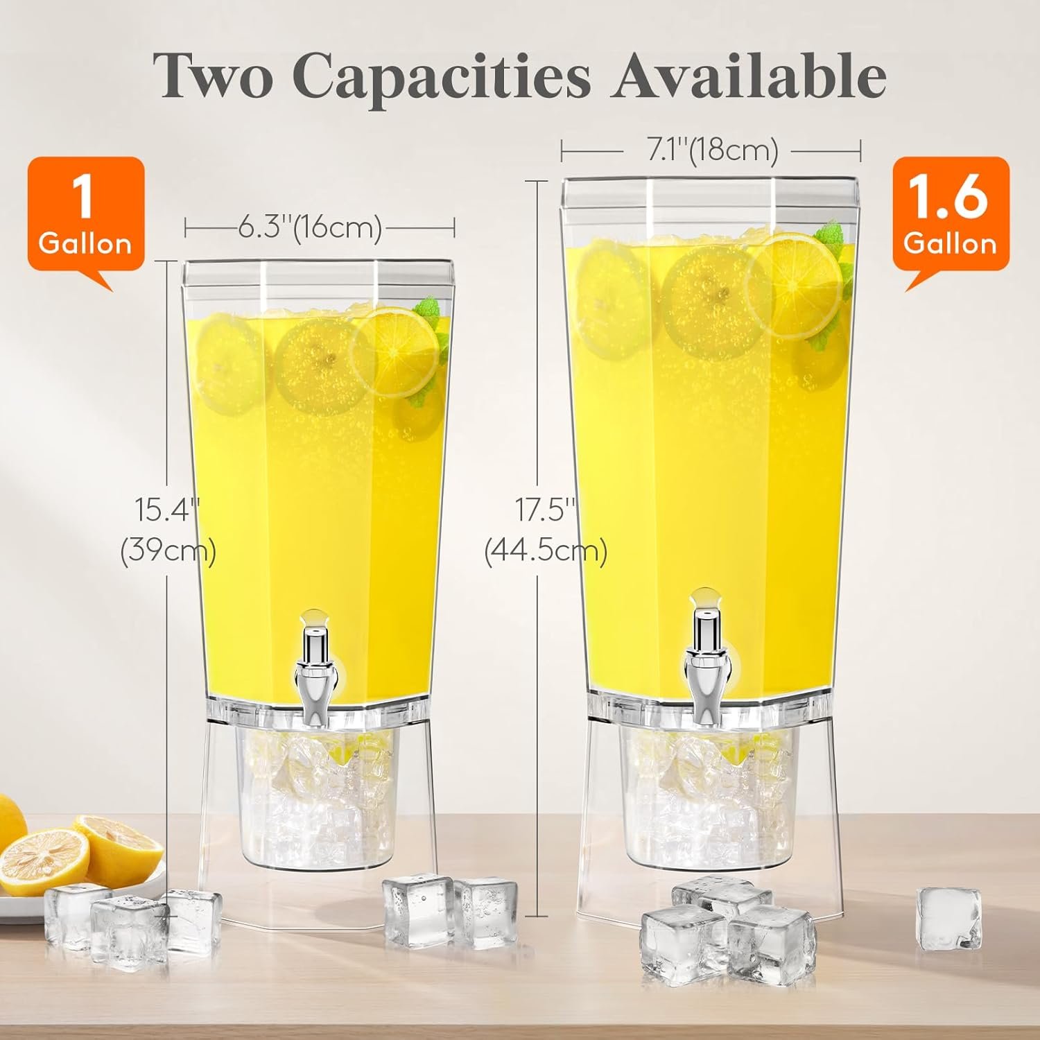 Großhandel 4L Getränkespender aus Kunststoff mit Ständer für Juice Tee Soda und Limonade, individuelles Logo erhältlich, klarer Wasserkaraffe mit Zapfhahn für Mimosabar-Events 39 x 16 cm / 15 x 6