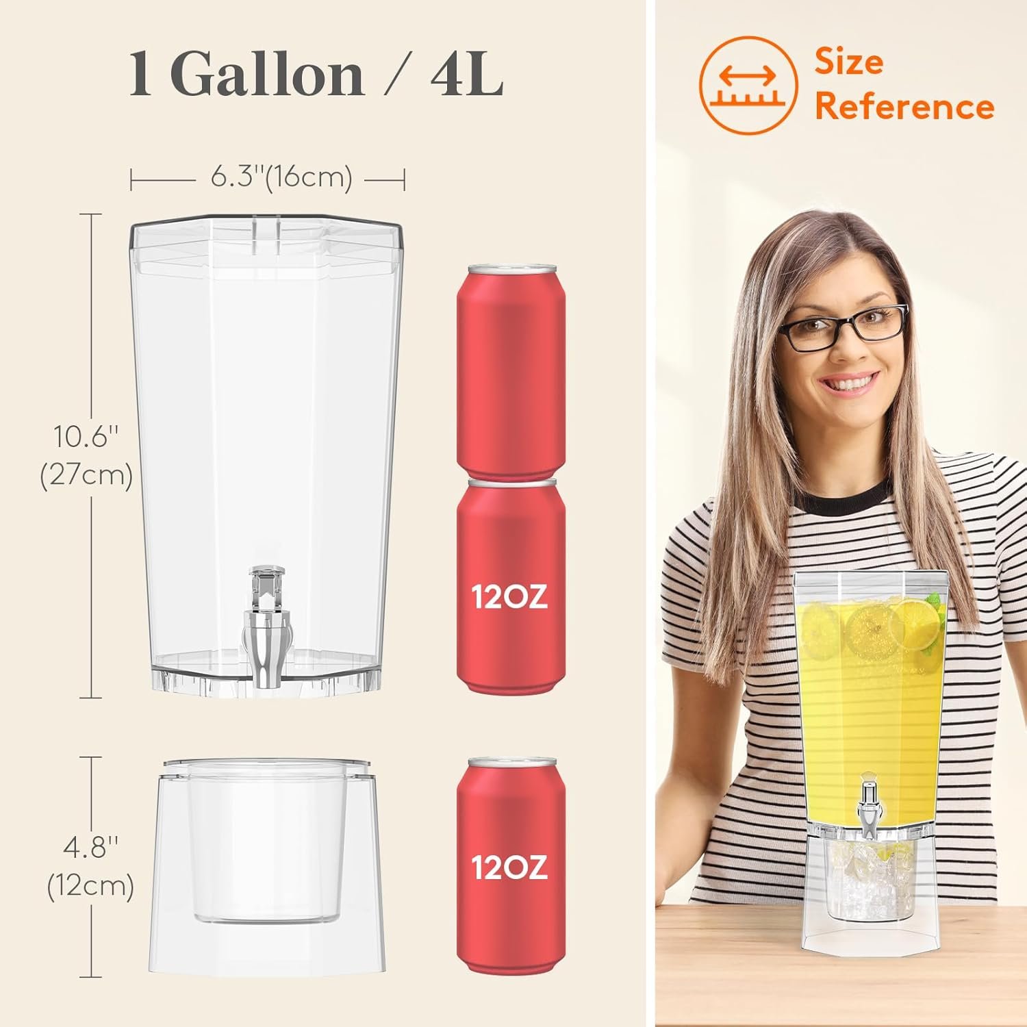 Großhandel 4L Getränkespender aus Kunststoff mit Ständer für Juice Tee Soda und Limonade, individuelles Logo erhältlich, klarer Wasserkaraffe mit Zapfhahn für Mimosabar-Events 39 x 16 cm / 15 x 6