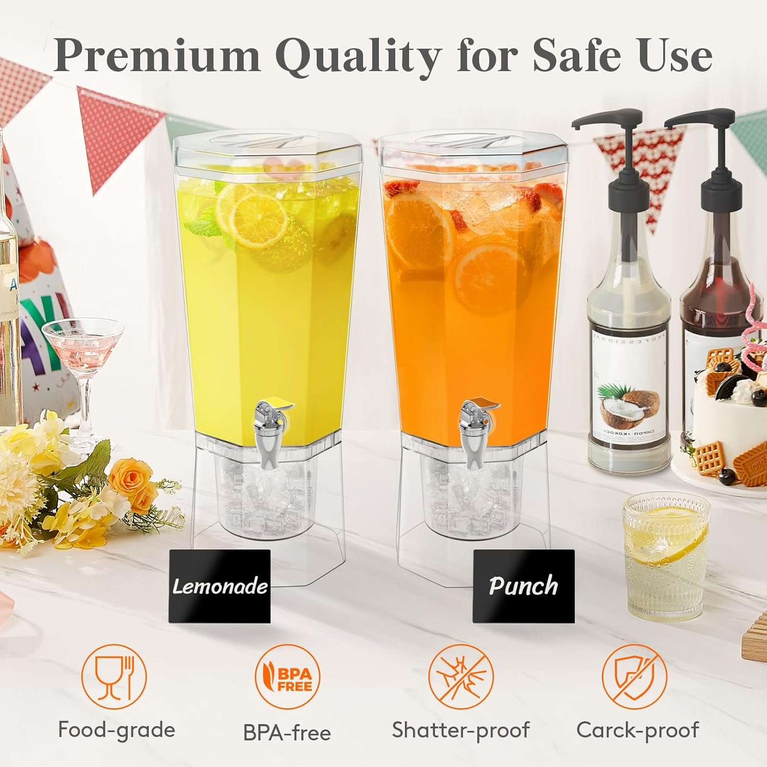 Großhandel 4L Getränkespender aus Kunststoff mit Ständer für Juice Tee Soda und Limonade, individuelles Logo erhältlich, klarer Wasserkaraffe mit Zapfhahn für Mimosabar-Events 39 x 16 cm / 15 x 6