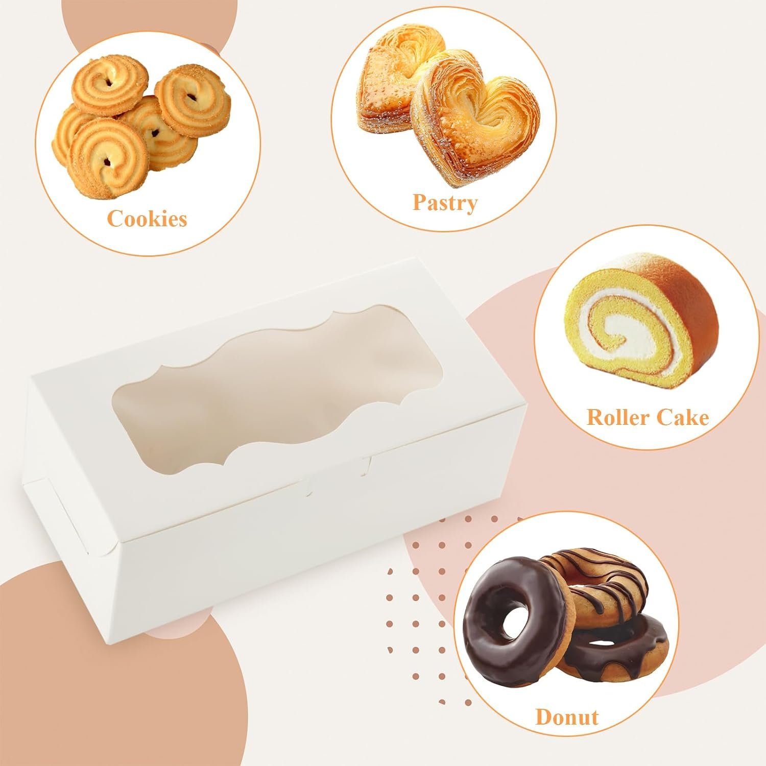 Großhandel 50 Stück 9x4x3,5 Zoll weiße Bäckereikisten mit Fenster, ideal für Rollkuchen, Süßigkeiten und Gebäck, Muffins und Donuts, individuelle Logooptionen vom Hersteller, Bulk-Verpackung erhältlich.