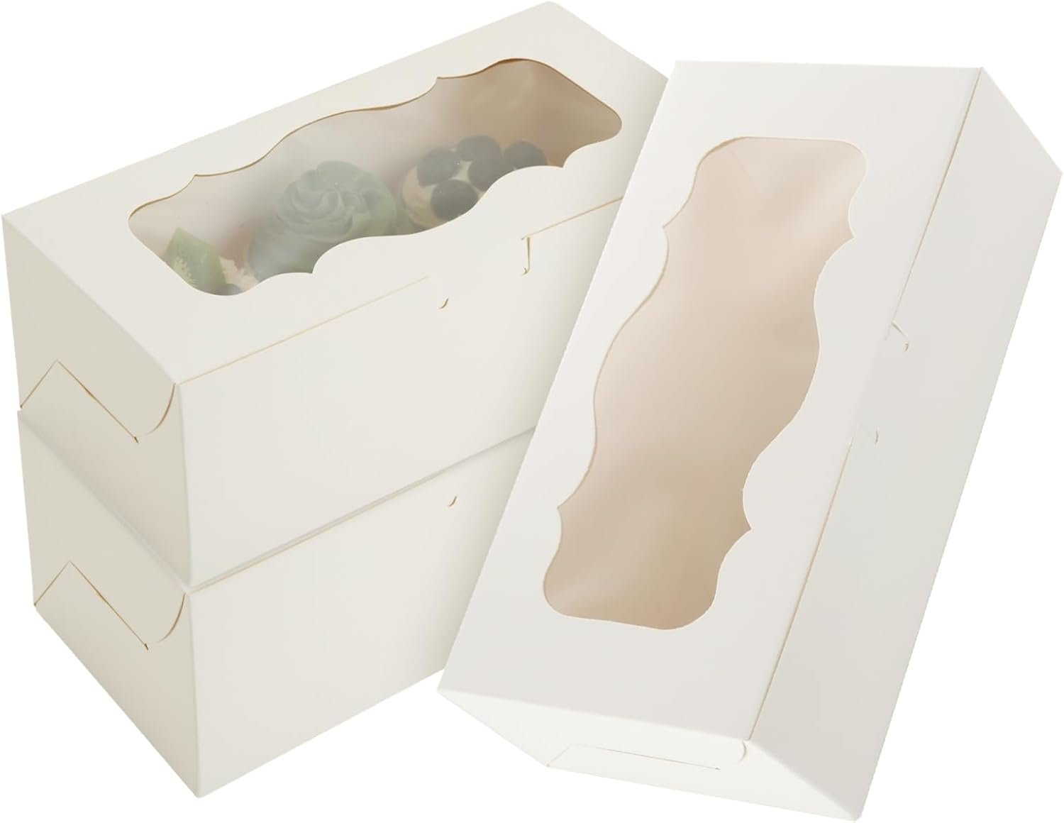 Großhandel 50 Stück 9x4x3,5 Zoll weiße Bäckereikisten mit Fenster, ideal für Rollkuchen, Süßigkeiten und Gebäck, Muffins und Donuts, individuelle Logooptionen vom Hersteller, Bulk-Verpackung erhältlich.