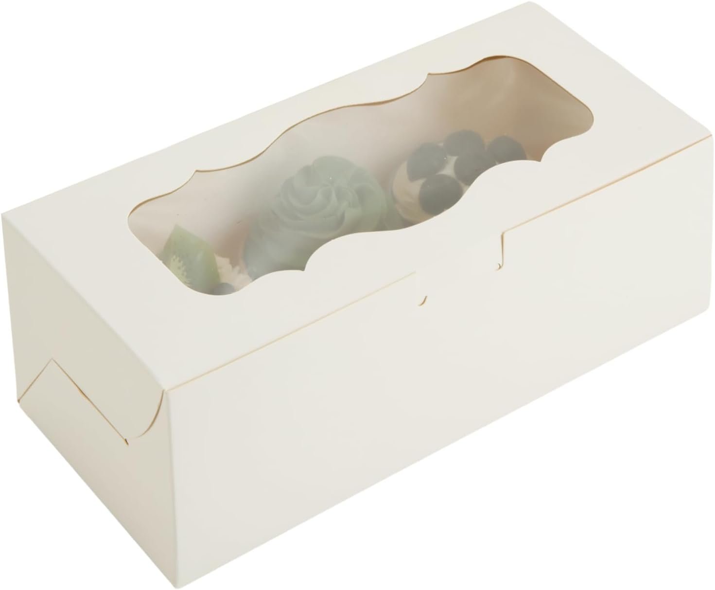 Großhandel 50 Stück 9x4x3,5 Zoll weiße Bäckereikisten mit Fenster, ideal für Rollkuchen, Süßigkeiten und Gebäck, Muffins und Donuts, individuelle Logooptionen vom Hersteller, Bulk-Verpackung erhältlich.