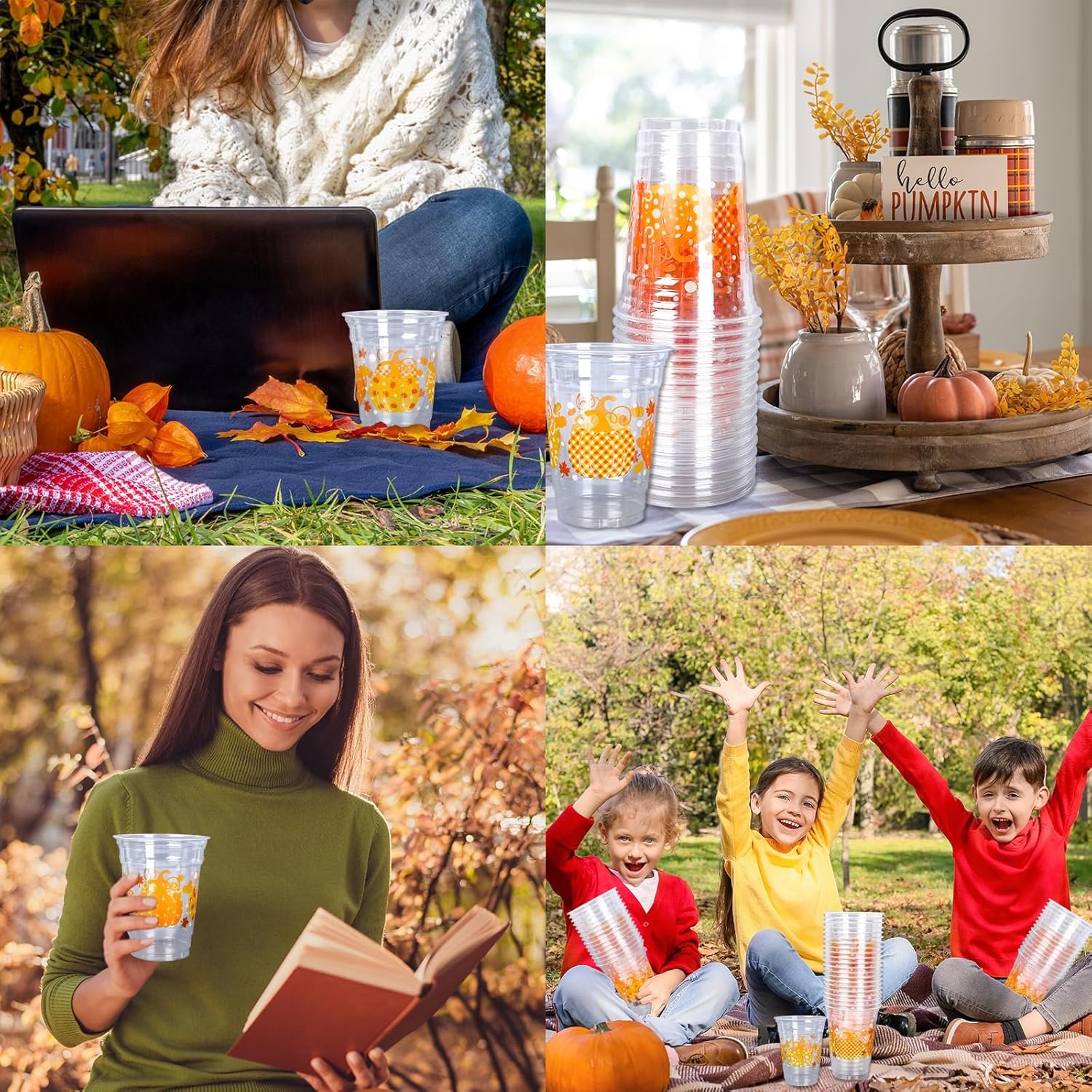 Großhandel 50 Stück 12oz Einwegbecher aus Kunststoff für Herbstfeiern mit Kürbisdesign, OEM Partybedarf für Geburtstagsfeier, Hochzeit und Erntezeit.