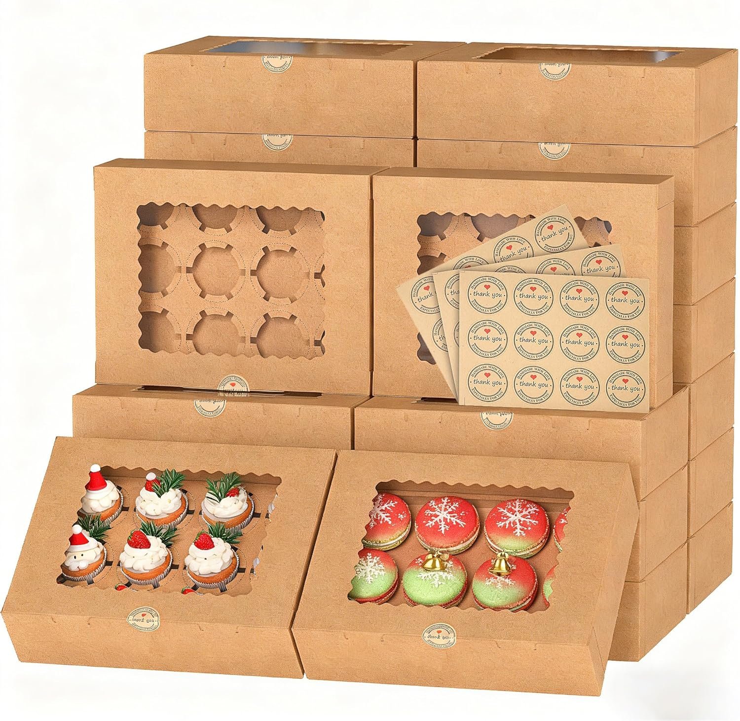 Großhandel 50 Stück Cupcake Boxen, 12er Cupcake Behälter mit Fenster, Braun Pastry Boxen mit Innentray und 50 Aufkleber für Desserts, Party, Geburtstag, Feiertag (12,8 x 9,84 x 3,54 Zoll) - Individuelles Logo, Hersteller für Ihre Eigenmarke.