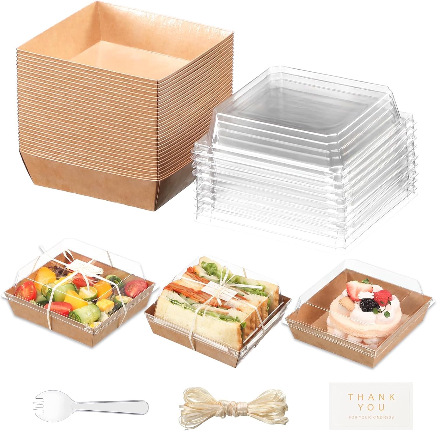 Großhandel 50 Stück kleine Charcuterie-Boxen mit klaren Lids - Einweg Lebensmittelbehälter für Desserts, Sandwiches, Kuchenstücke, Obst, Salat, perfekt für Backwaren (Braun, 5,3  4,9  2,5 in), individuell bedruckbar, Hersteller für maßgeschneiderte Lösungen.