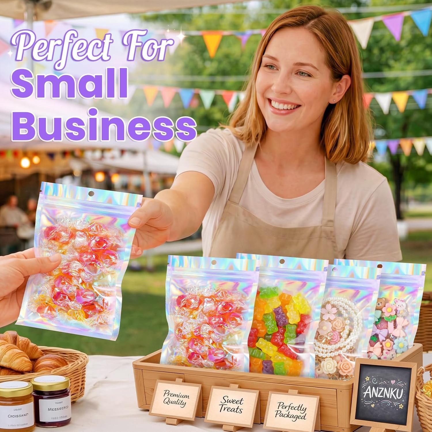 Großhandel Resealable Mylar Taschen 5x7, individuelle Logo Optionen, Hersteller von geruchsneutralen Beuteln für Süßigkeiten, Schmuck und Party-Goodies, Bulk Verpackungslösungen für kleine Unternehmen.