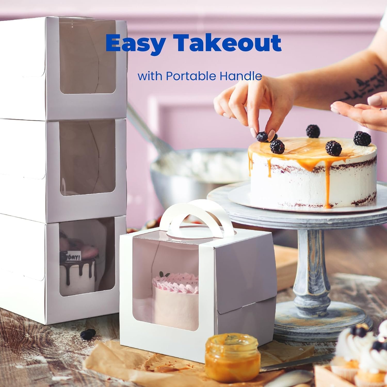 Großhandel 25er Pack kleine Kuchenboxen 6 x 6 x 6 Zoll mit Fenster und Griff, individuell bedruckbar mit Ihrem Logo, vom Hersteller für Geburtstagsfeiern, Hochzeiten, Valentinstag und Weihnachten