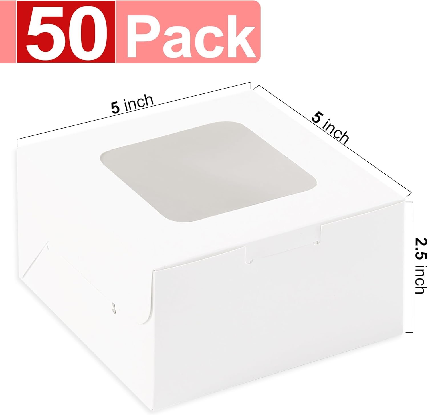 Großhandel 50 Stück weiße Kuchenboxen mit Fenster, 5x5x2,5 Zoll, klein für Bäckerei, Süßigkeiten und Weihnachtsgeschenke, individuell bedruckbar, gefertigt von einem erfahrenen Hersteller.