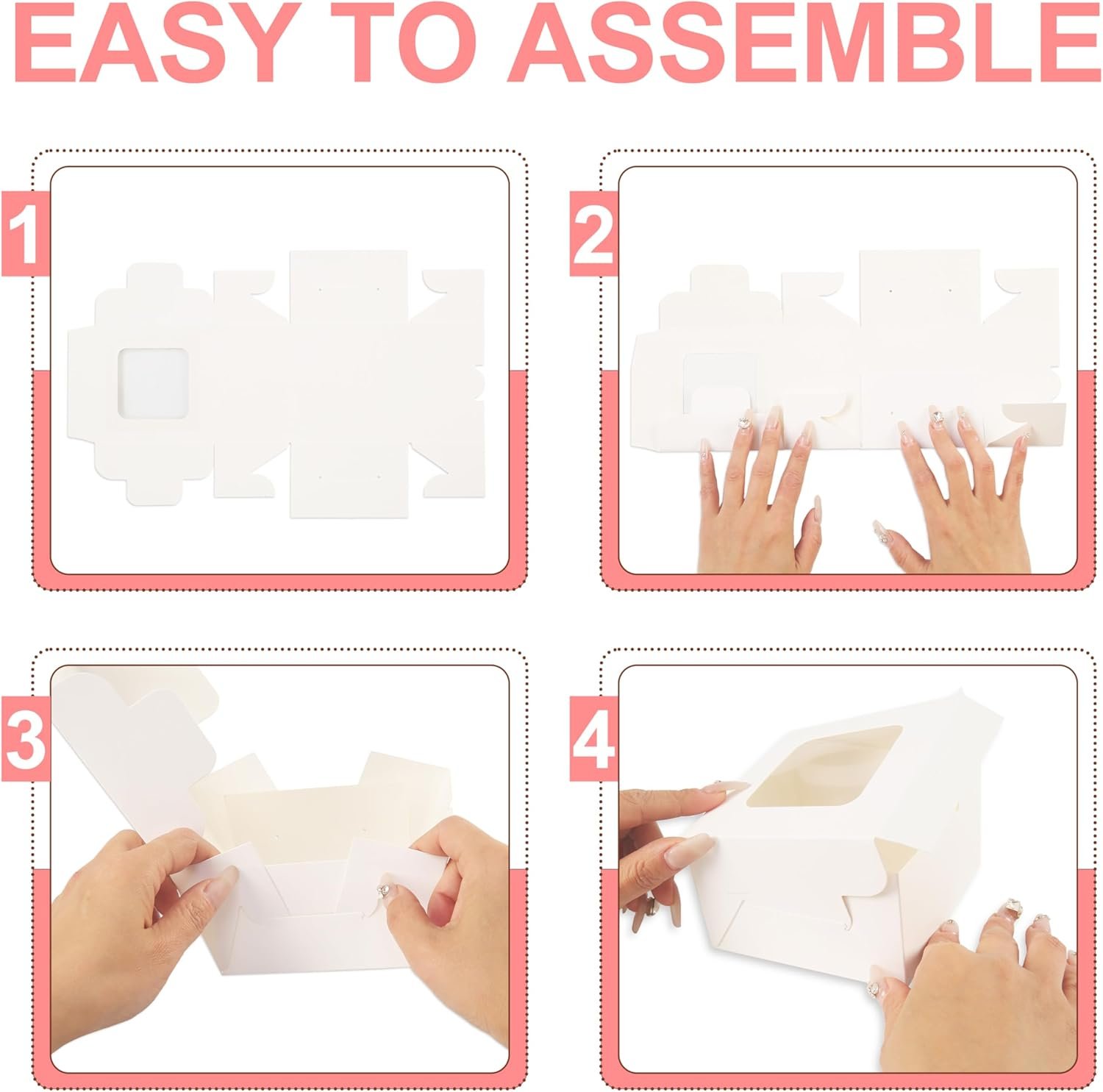 Großhandel 50 Stück weiße Kuchenboxen mit Fenster, 5x5x2,5 Zoll, klein für Bäckerei, Süßigkeiten und Weihnachtsgeschenke, individuell bedruckbar, gefertigt von einem erfahrenen Hersteller.