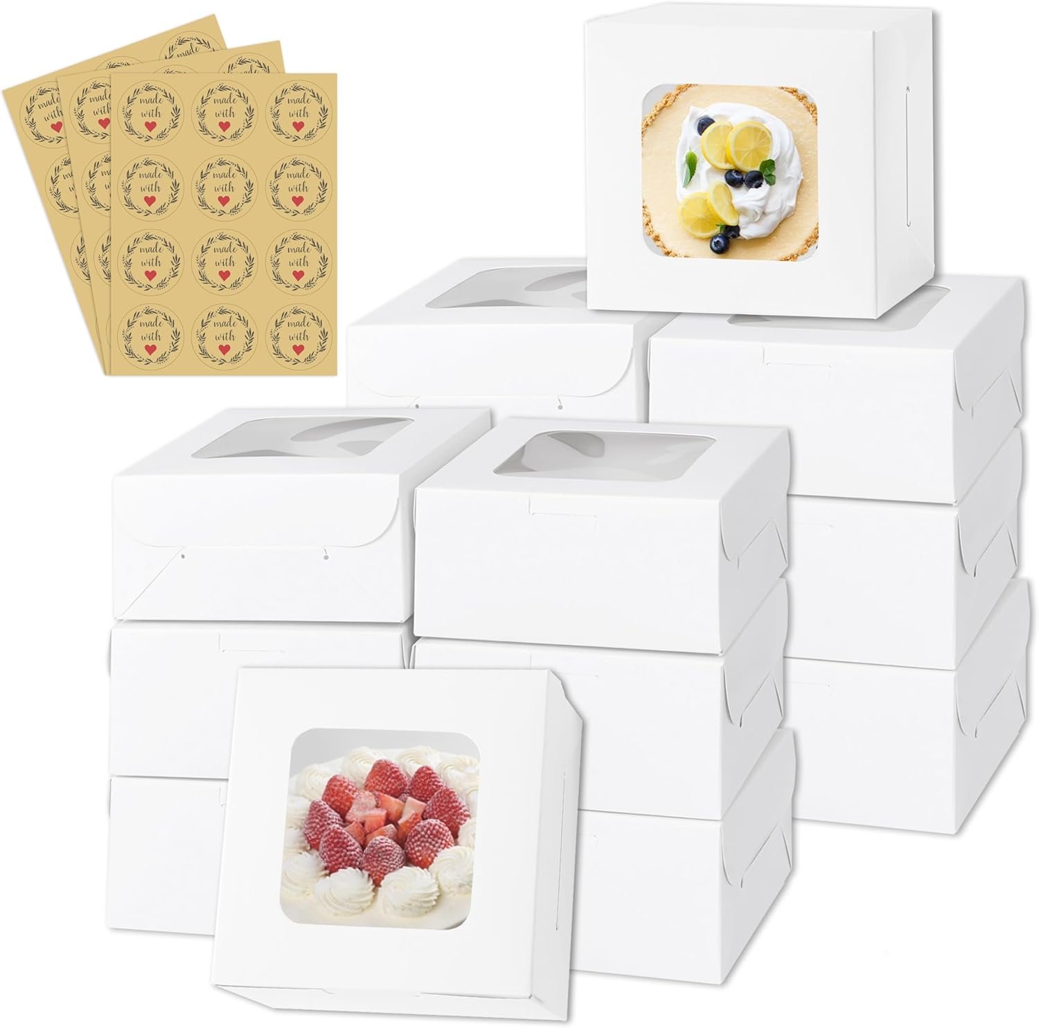 Großhandel 50 Stück weiße Kuchenboxen mit Fenster, 5x5x2,5 Zoll, klein für Bäckerei, Süßigkeiten und Weihnachtsgeschenke, individuell bedruckbar, gefertigt von einem erfahrenen Hersteller.