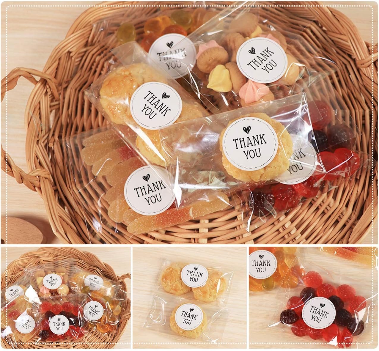 Großhandel 200 Stück klare Cellophan-Beutel 4x6 für Süßigkeiten mit Dankeschön-Sticker, perfekte Verpackung für Geburtstags-, Hochzeits- und Lutscher-Sticks, Individuelles Logo, OEM