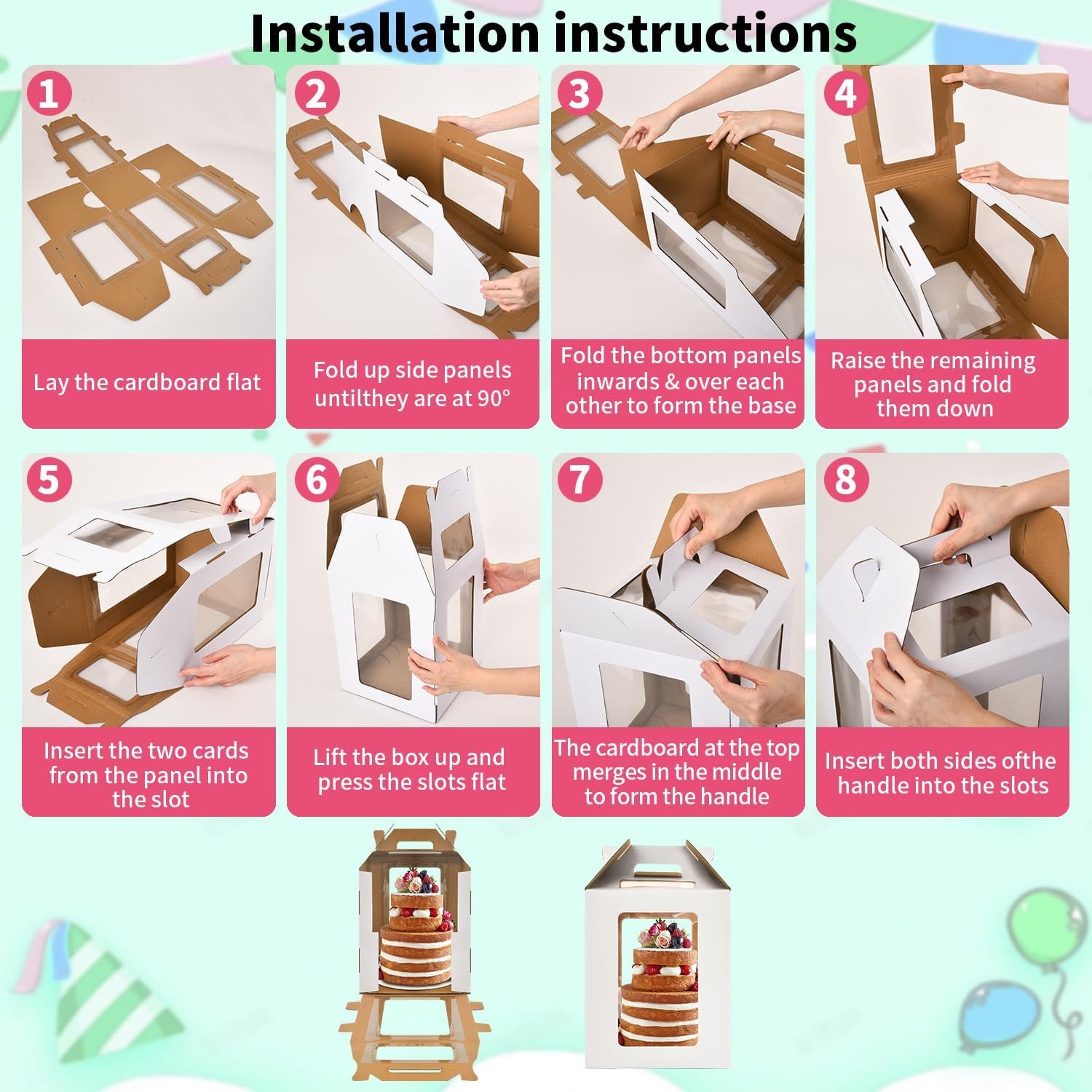 Großhandel hohe Kuchenboxen 6 Fenster mit Griff, 12x12x12 Kuchenbehälter für mehrstöckige Kuchen, große quadratische Take-Out Transportbehälter ideal für 10