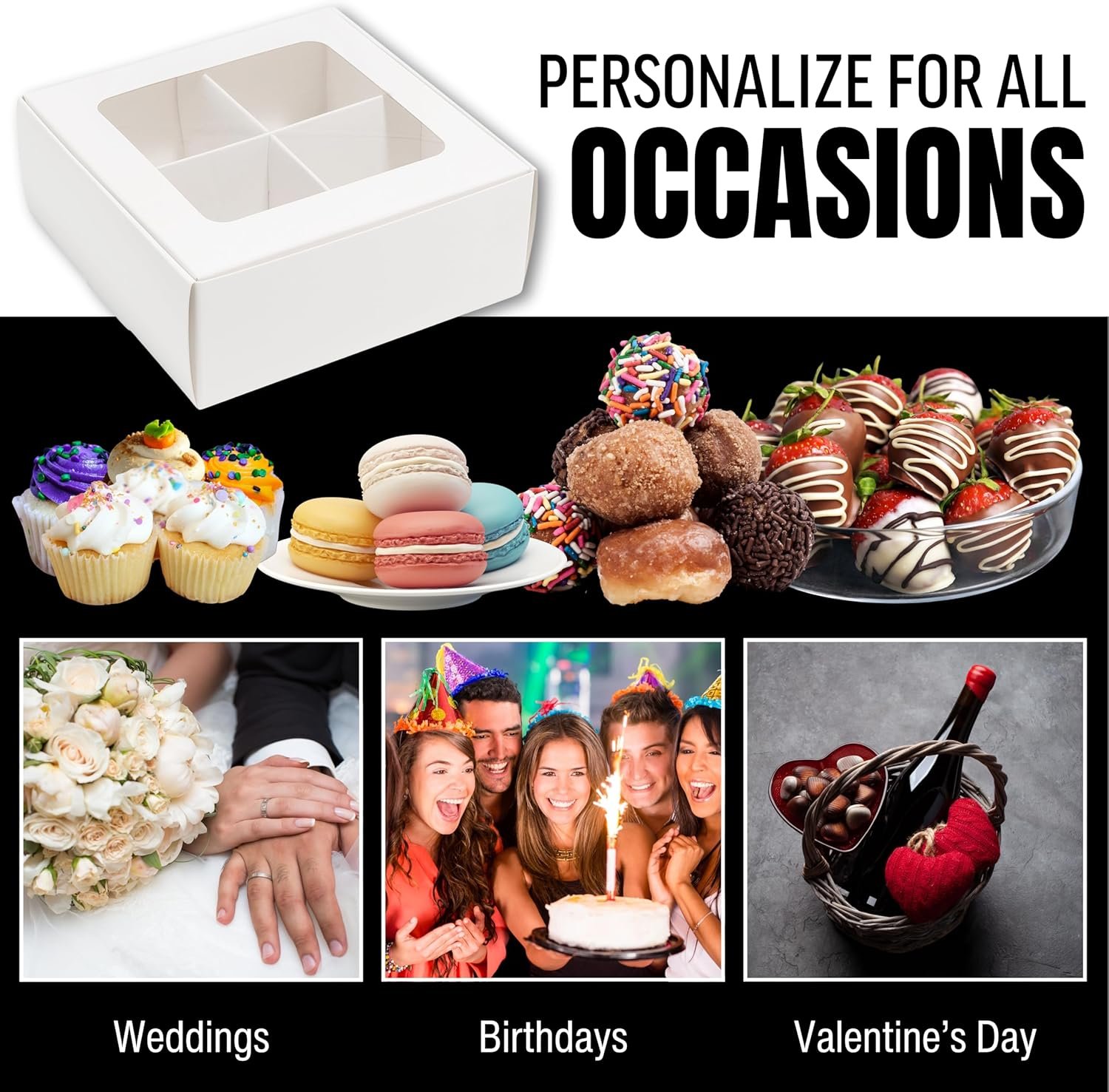 Großhandel 100 Stück weiße Mini-Cookie-Boxen für 4 Leckereien mit Fenster und Trennwänden, quadratische Backboxen 6 x 6 x 2,4 Zoll, individuelle Logo-Dekoration für Geschenkverpackungen, OEM Hersteller, Bulk-Angebot Großhandel 100 Stück weiße Mini-Cookie-Boxen für 4 Leckereien mit Fenster und Trennwänden, quadratische Backboxen 6 x 6 x 2,4 Zoll, individuelle Logo-Dekoration für Geschenkverpackungen, OEM Hersteller, Bulk-Angebot