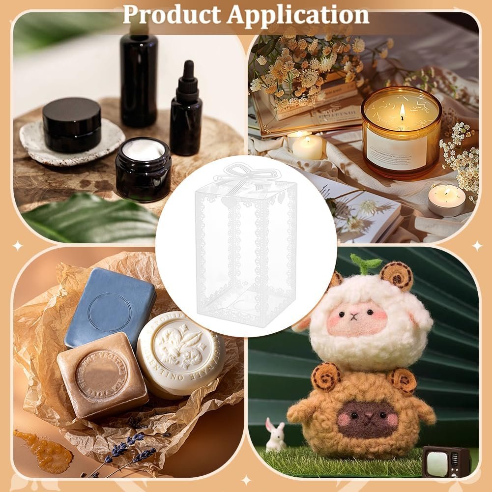 Großhandel 50 Stück 3x3x5,9 Zoll transparente PVC Favoritenboxen für Hochzeiten, mit Schleifenmuster, ideal für Süßigkeiten und Schokolade, Verpackungen für Festgeschenke, OEM und individuelle Logooptionen verfügbar.