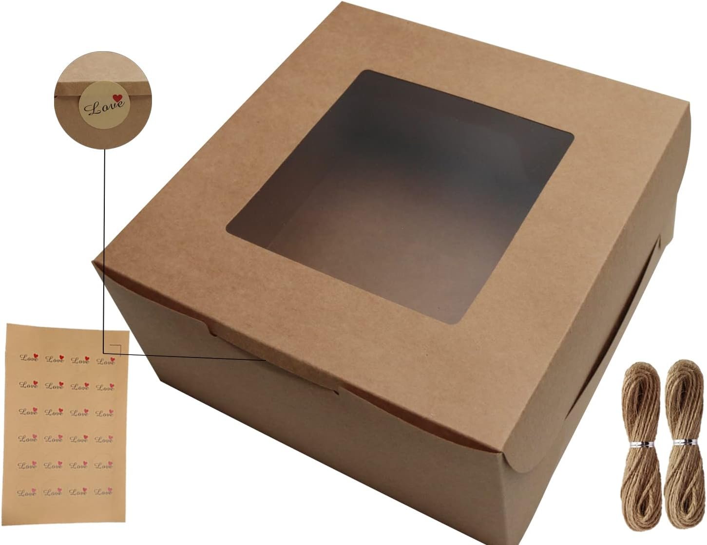 Großhandel Brown Kraft Backboxen 10x10x5 Zoll mit Fenster, ideal für Geschenkverpackung, Dessert, Gebäck, Cupcakes, Torten und Kekse, inklusive Aufkleber und 66 FT Schnur, Individuelles Logo, OEM, Hersteller