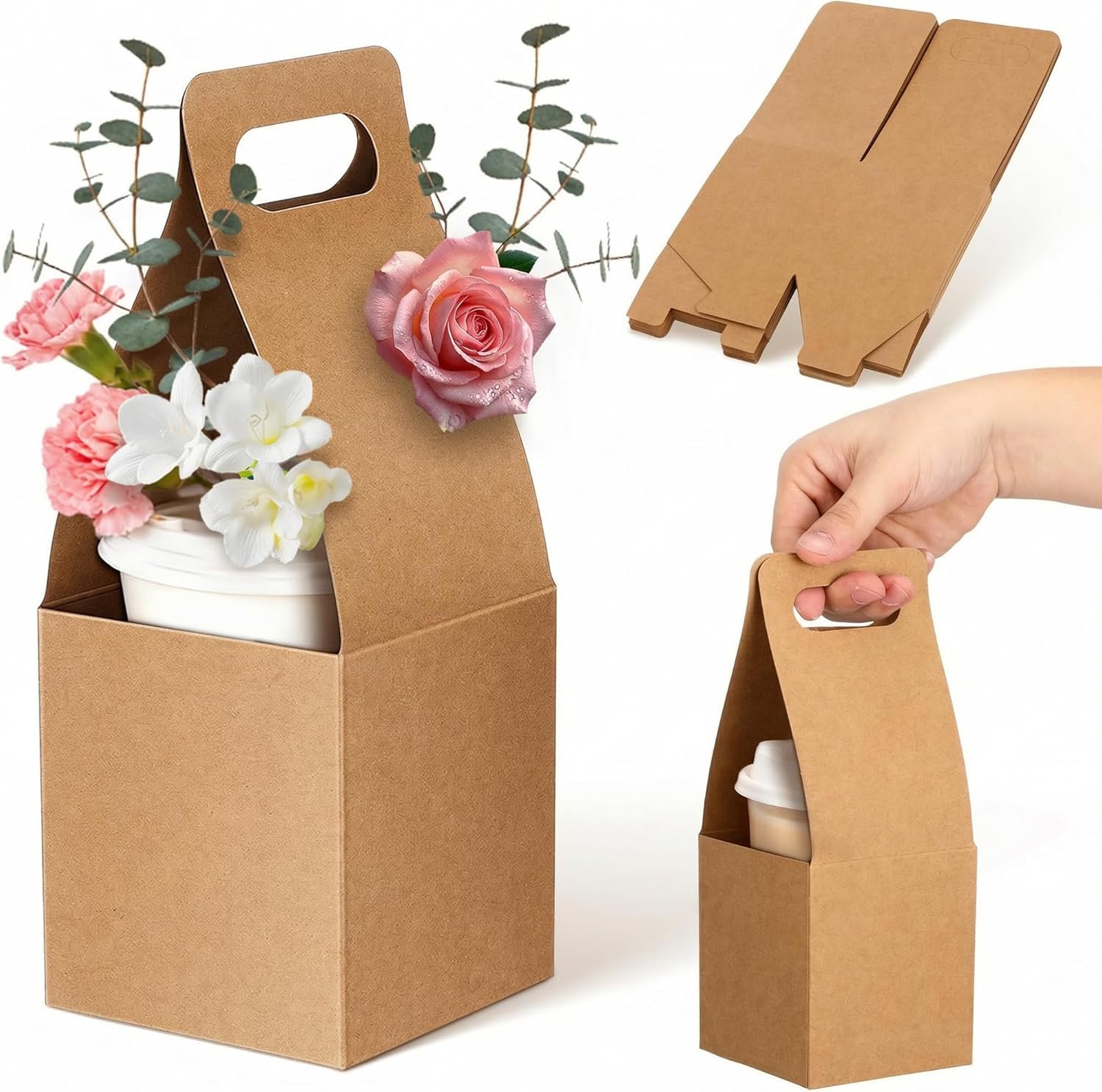 Großhandel 10er Pack tragbare Pappbecherhalter mit Griff für heiße oder kalte Getränke, individuell gestaltbare Geschenkverpackung für Blumensträuße und Essenslieferungen, hergestellt von einem zuverlässigen Lieferanten.
