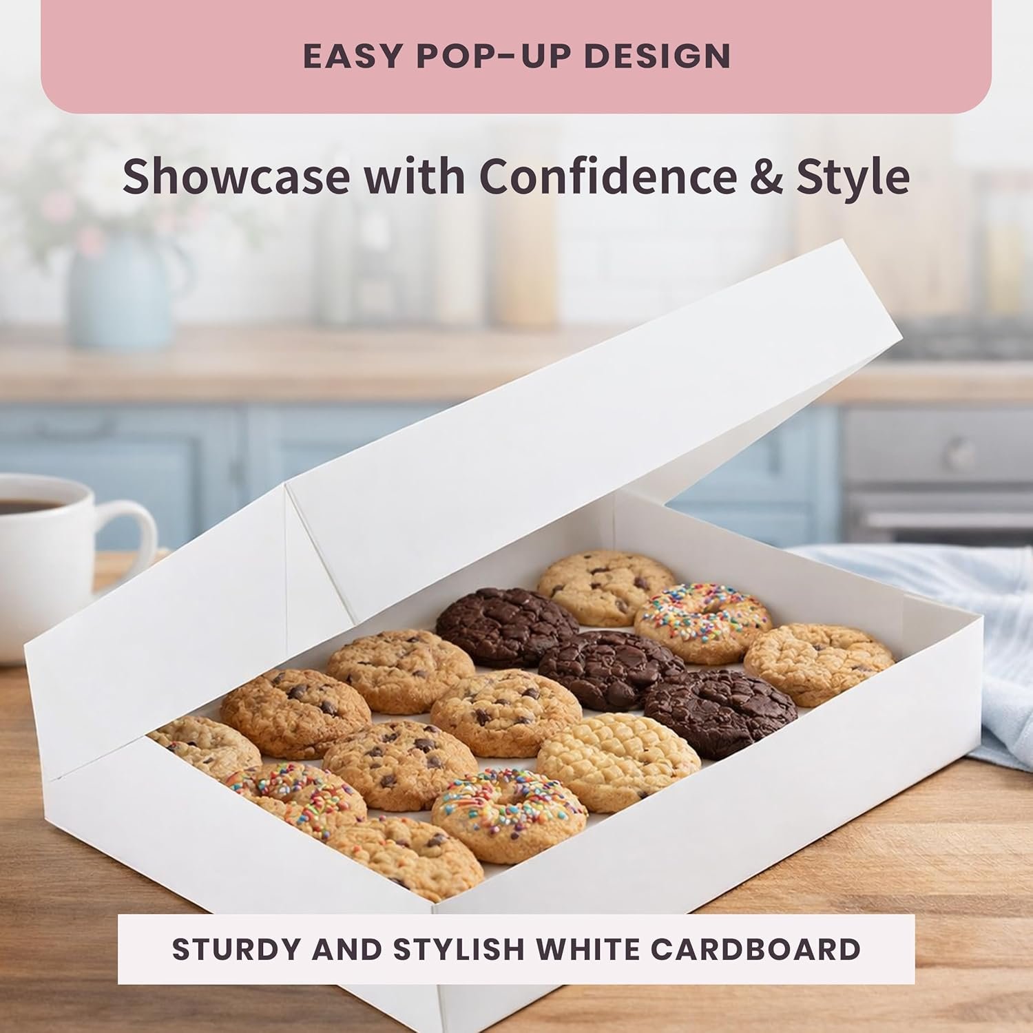 Großhandel Donut Box für eine Dutzend, OEM Pop-Up Design, ideal für die Präsentation von Muffins oder Gebäck, Lieferant für Großmengen, Größe 16 x 12 x 2,5 (Packung mit 50)