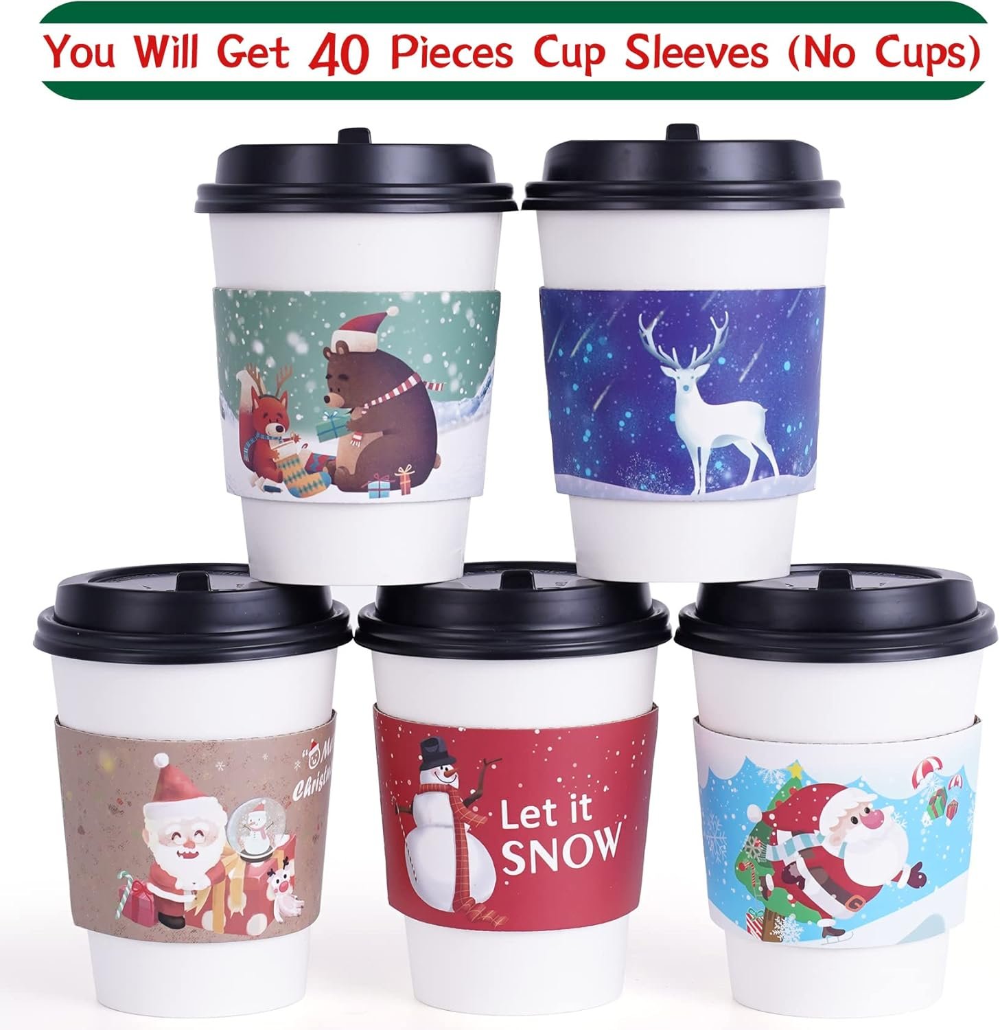 Großhandel 40 Stück Weihnachtskaffeetassen-Hot-Chocolate-Becherhüllen, passend für 12 oz bis 20 oz, mit 5 verschiedenen individuellen Designs für heiße Schokolade, Kaffee, Kakao, Tee oder kalte Getränke, Hersteller für individuelle Logos, OEM verfügbar.