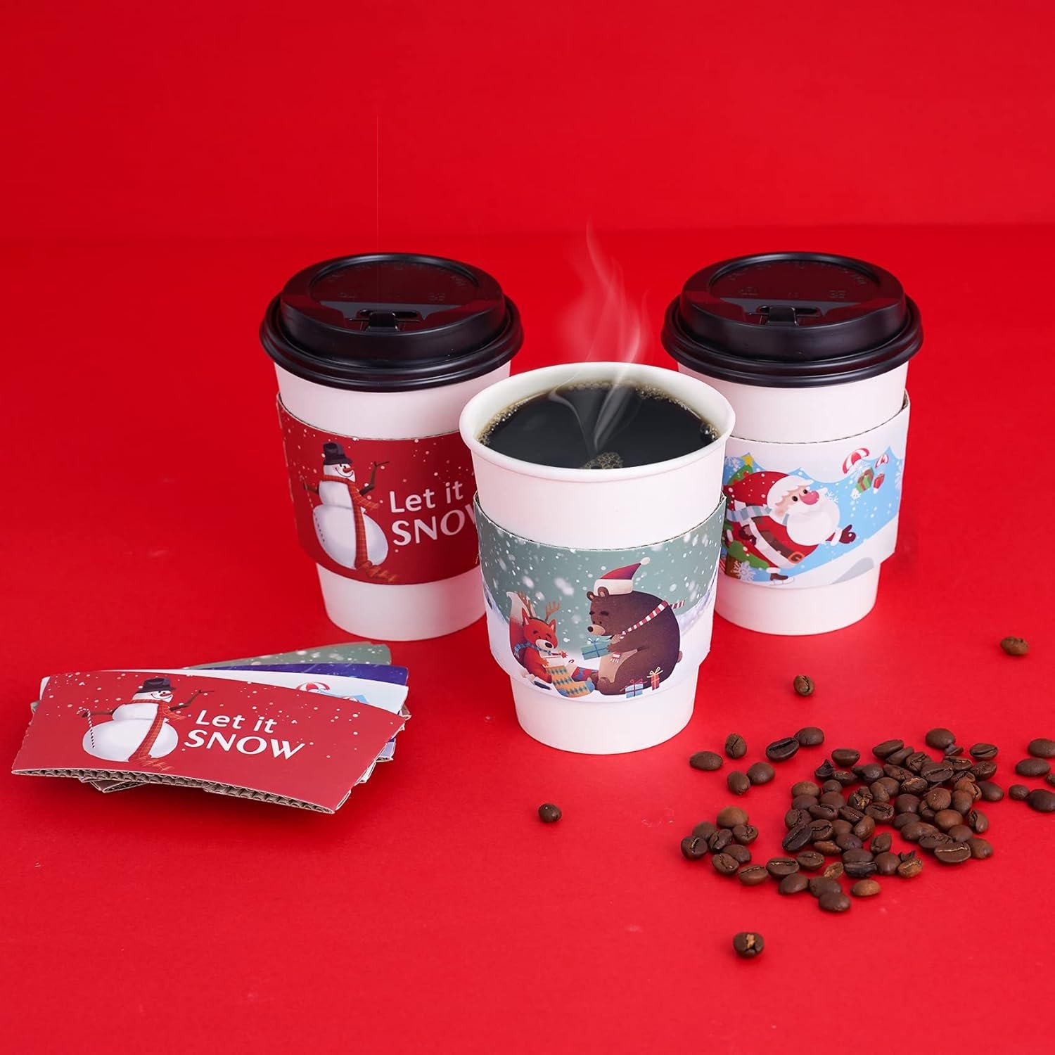 Großhandel 40 Stück Weihnachtskaffeetassen-Hot-Chocolate-Becherhüllen, passend für 12 oz bis 20 oz, mit 5 verschiedenen individuellen Designs für heiße Schokolade, Kaffee, Kakao, Tee oder kalte Getränke, Hersteller für individuelle Logos, OEM verfügbar.