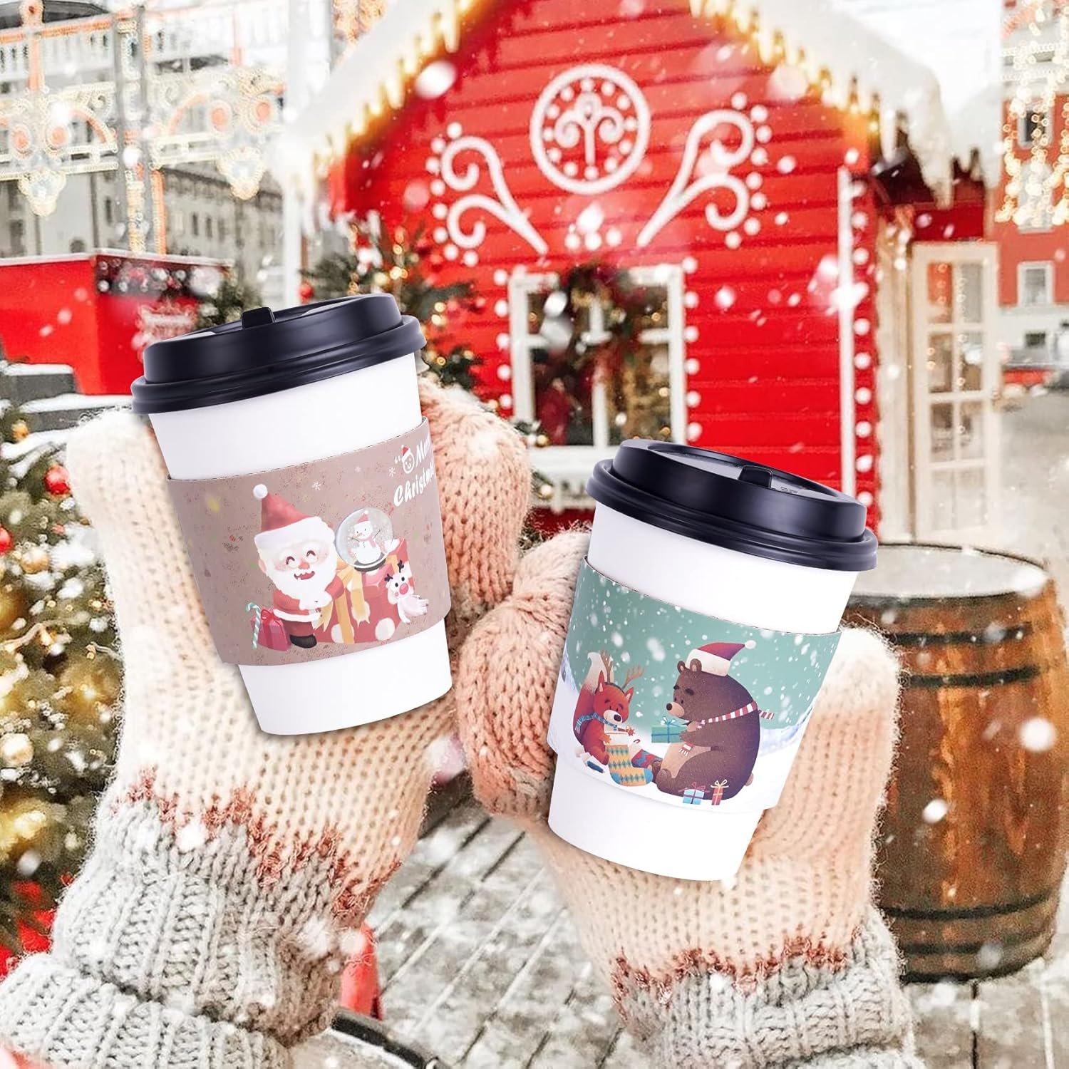 Großhandel 40 Stück Weihnachtskaffeetassen-Hot-Chocolate-Becherhüllen, passend für 12 oz bis 20 oz, mit 5 verschiedenen individuellen Designs für heiße Schokolade, Kaffee, Kakao, Tee oder kalte Getränke, Hersteller für individuelle Logos, OEM verfügbar.