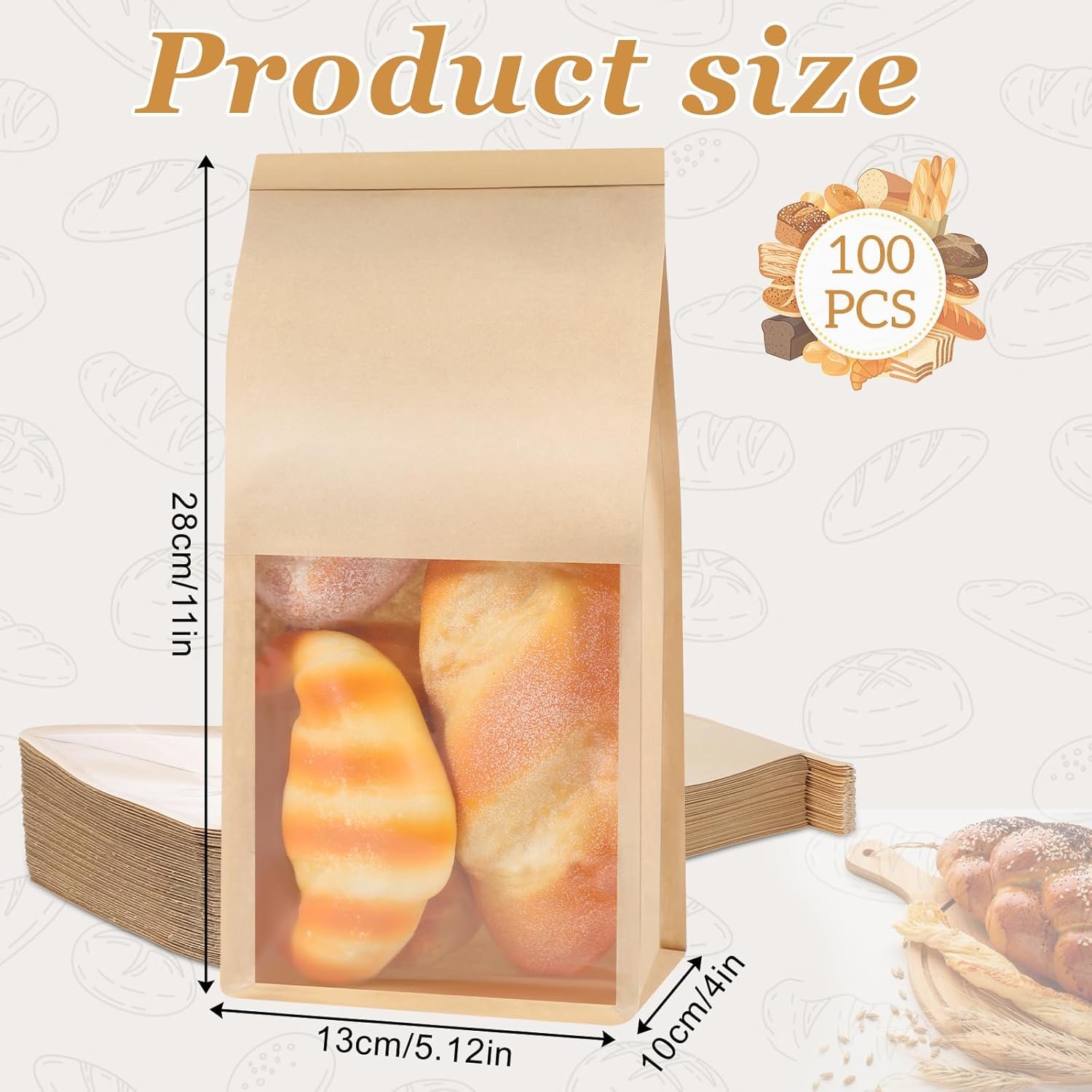 Großhandel 100 Stück Papiertüten mit Fenster 5.1x3.9x11 Zoll braune Papiertüten für Bäckerei mit Tin Tie Tab Verschluss für Verpackung von Keksen, Brot, Popcorn, Individuelles Logo, OEM