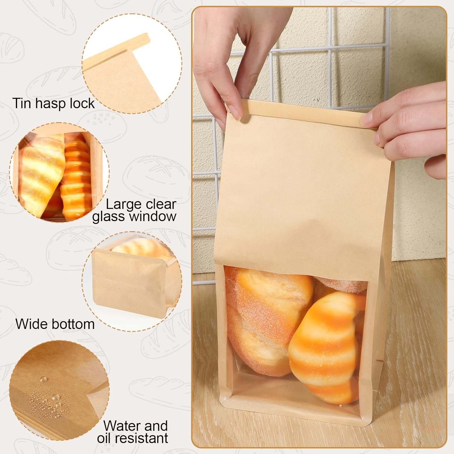 Großhandel 100 Stück Papiertüten mit Fenster 5.1x3.9x11 Zoll braune Papiertüten für Bäckerei mit Tin Tie Tab Verschluss für Verpackung von Keksen, Brot, Popcorn, Individuelles Logo, OEM