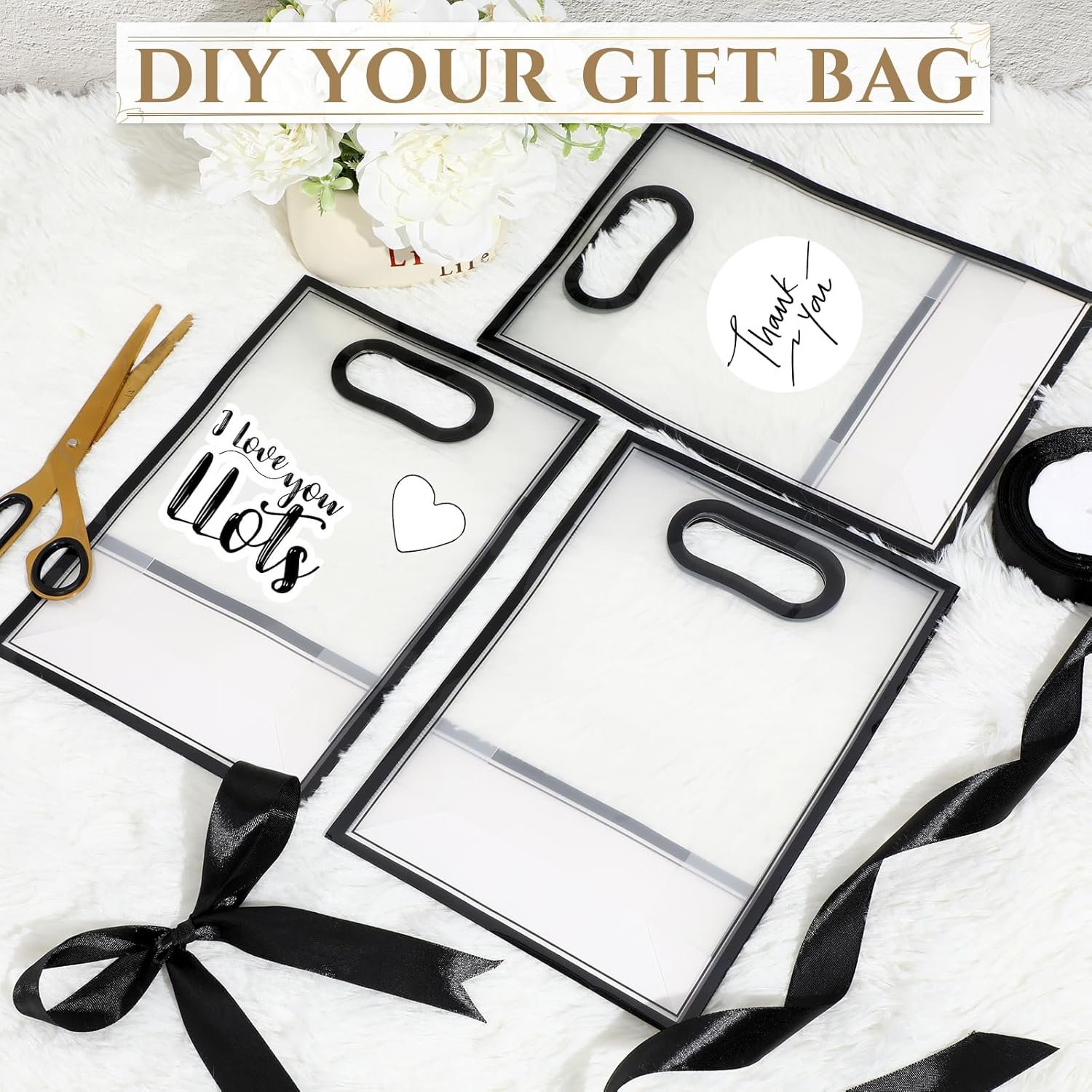 Großhandel 12 Stück transparente Kunststoff Geschenkbeutel mit ausgestanzten Griffen, wiederverwendbare PP Favoritentüte mit Schleife für Hochzeit, Abschlussfeier, Geburtstag, Babyparty, kleine Unternehmen, 7x10x3,15 Zoll (schwarz) – Individuelles Logo, OEM Lieferant.