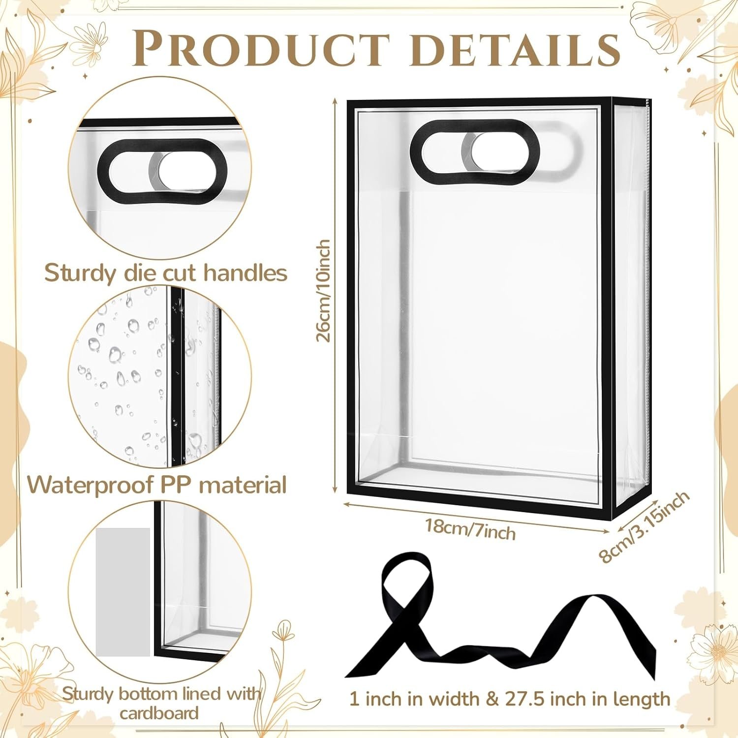 Großhandel 12 Stück transparente Kunststoff Geschenkbeutel mit ausgestanzten Griffen, wiederverwendbare PP Favoritentüte mit Schleife für Hochzeit, Abschlussfeier, Geburtstag, Babyparty, kleine Unternehmen, 7x10x3,15 Zoll (schwarz) – Individuelles Logo, OEM Lieferant.