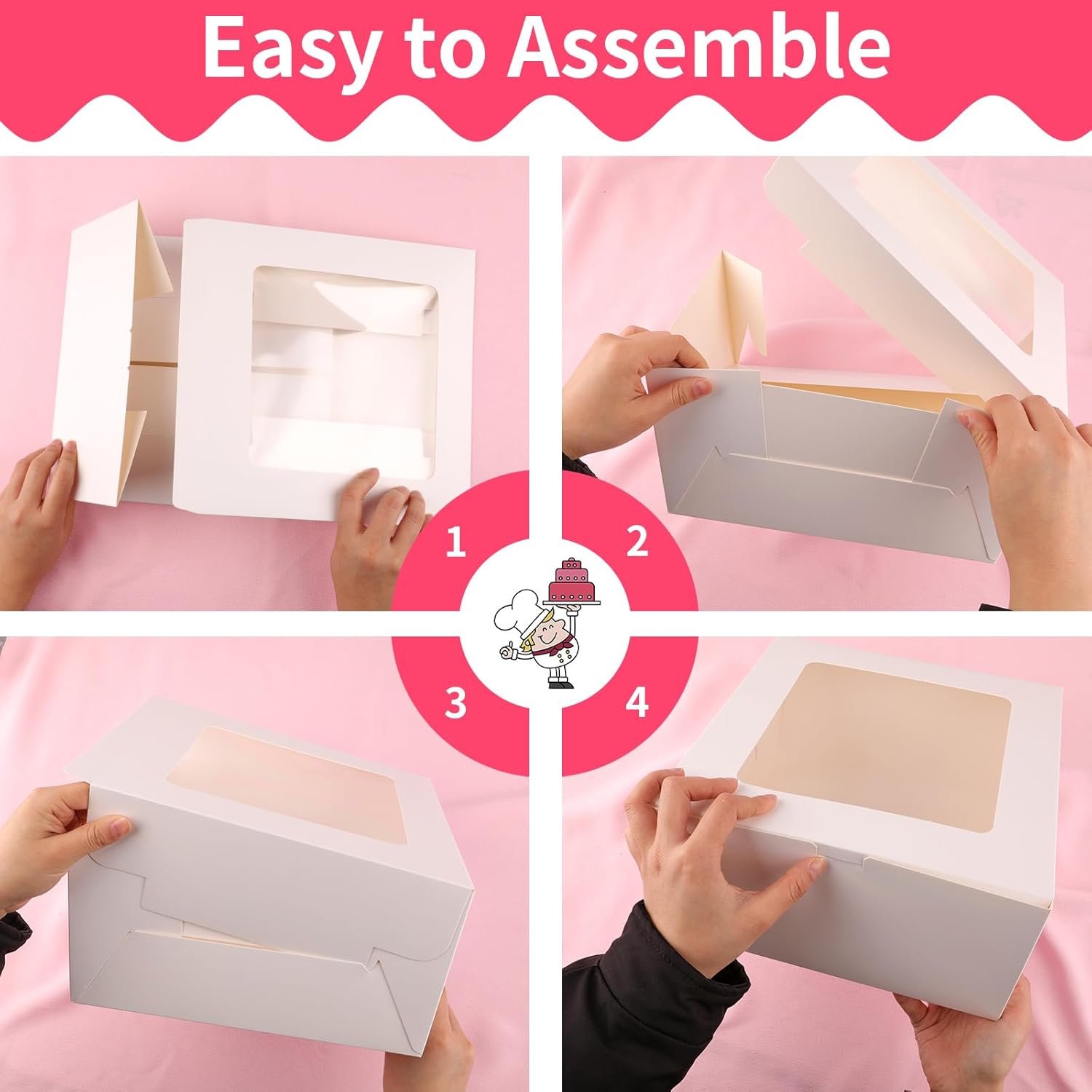 Großhandel 4er Pack Kuchenboxen 10 Zoll, weiße Backboxen mit großem Fenster für Cookies, Torten, Cupcakes, Gebäck (10×10×5 Zoll), individuell bedruckbar, Hersteller für Backbedarf.