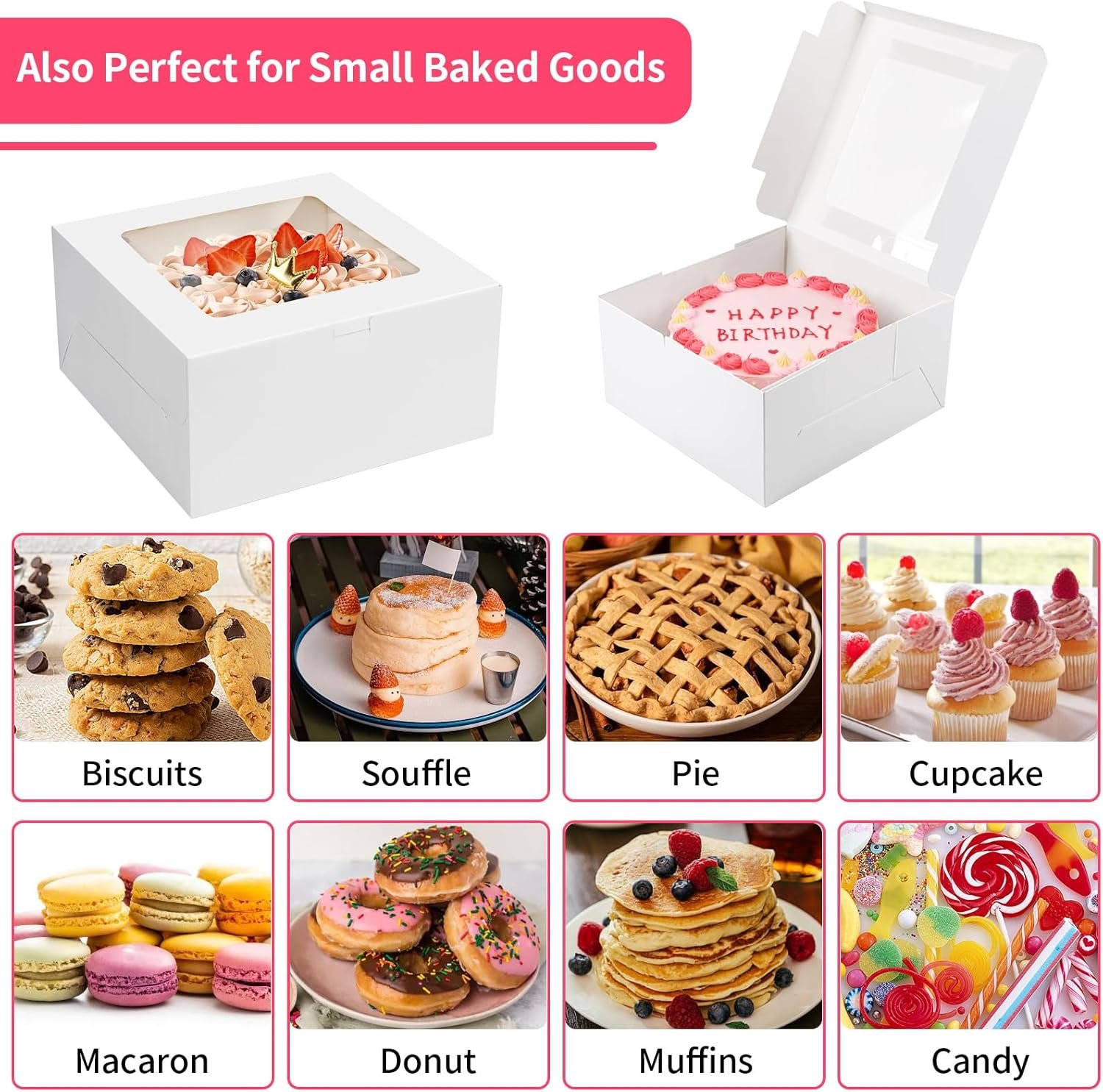 Großhandel 4er Pack Kuchenboxen 10 Zoll, weiße Backboxen mit großem Fenster für Cookies, Torten, Cupcakes, Gebäck (10×10×5 Zoll), individuell bedruckbar, Hersteller für Backbedarf.