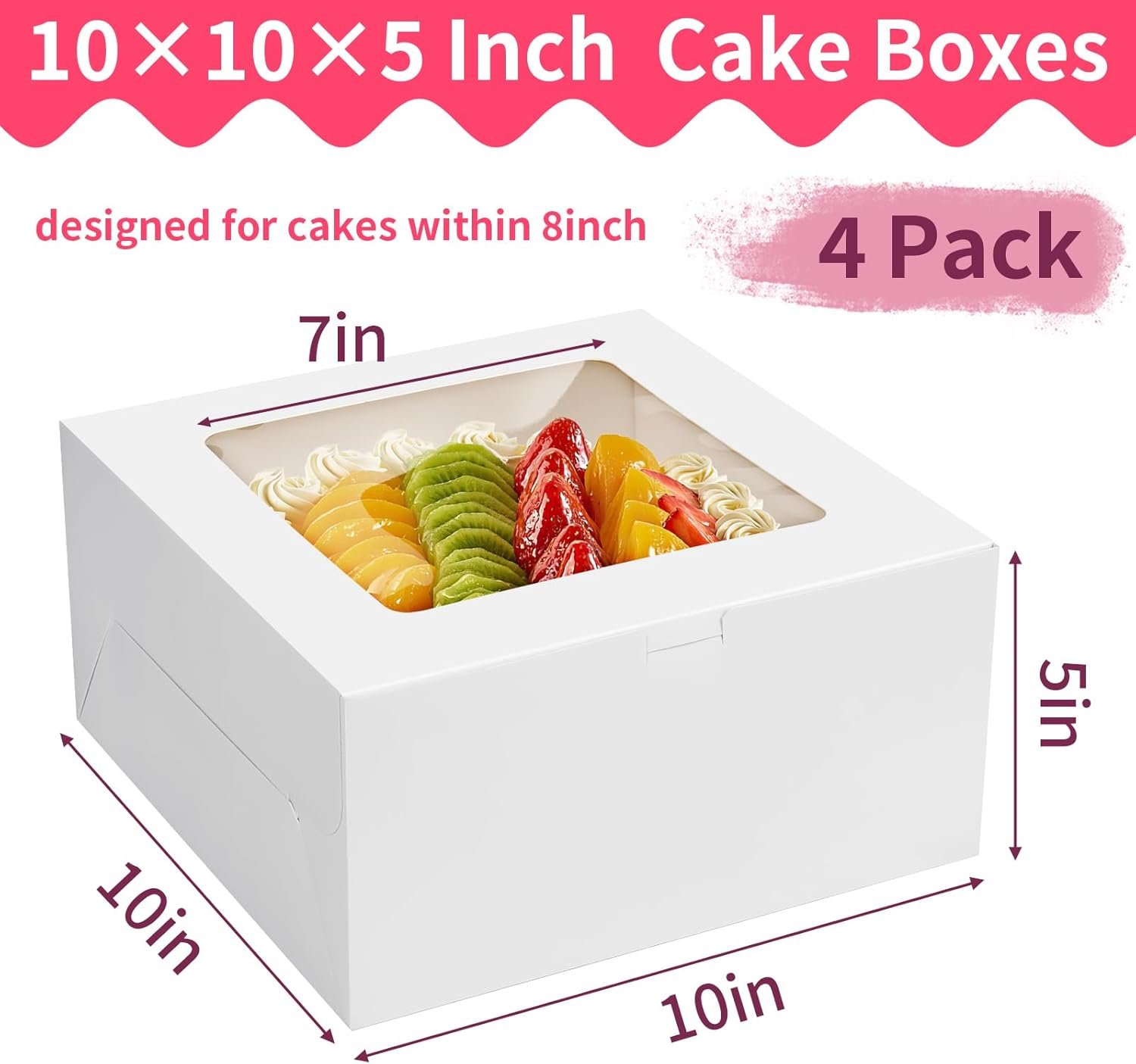 Großhandel 4er Pack Kuchenboxen 10 Zoll, weiße Backboxen mit großem Fenster für Cookies, Torten, Cupcakes, Gebäck (10×10×5 Zoll), individuell bedruckbar, Hersteller für Backbedarf.