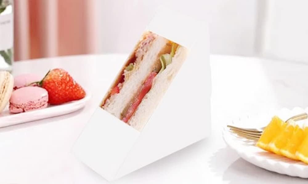 Großhandel Sandwich-Papierboxen 100 Stück, umweltfreundliche Takeaway-Wedge-Box mit Sichtfenster für Bäckerei und Restaurant, individuelle Logo-Möglichkeiten, Hersteller für Großmenge (Mittelgröße, Weiß)