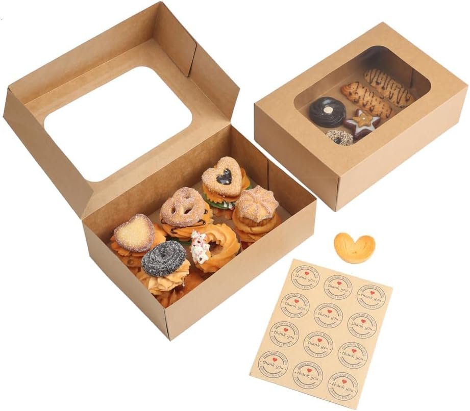Individuelles Logo 24 Stück Kuchenboxen mit Fenster für Geschenke, braune Bäckerei Geschenkboxen 9 x 6,3 x 3 Zoll, einfache Verpackung für Kekse, Cupcakes, Donuts und Patisserie, Hersteller.