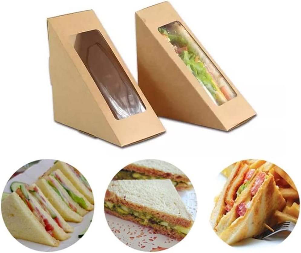Großhandel Kraftpapier Sandwichboxen mit Fenster, 50 Stk. Wedge-Box Einweg-Container für Charcuterie und Sushi, individuelle Gestaltung mit Logo für Bäckerei und Restaurant-Service (Braun)