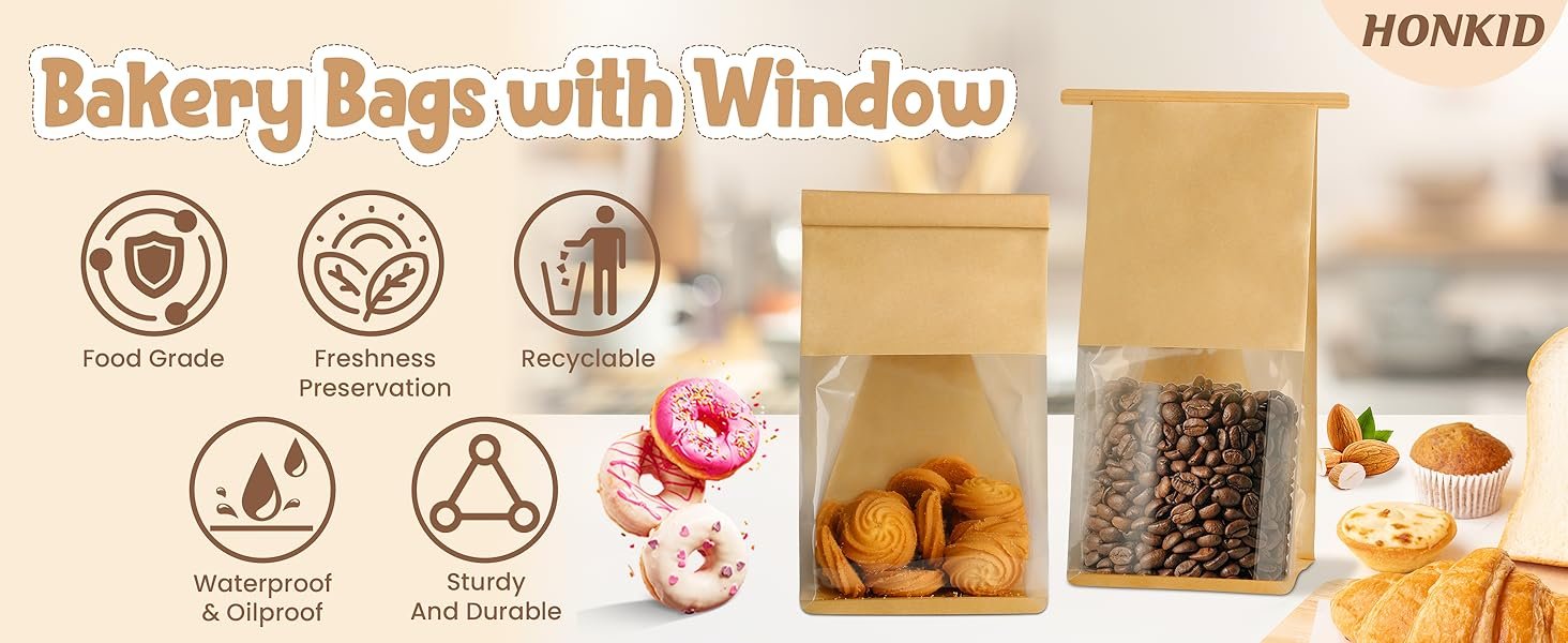 Großhandel 50 Stück wiederverwendbare Bäckereitaschen mit Fenster 11 x 5,1 x 3,9 Zoll, Hersteller für versiegelte Backwarenverpackungen mit Tin Tie und eigenem Logo, Lebensmittelqualität, stehend, für Plätzchen, Brezeln und andere Leckereien.