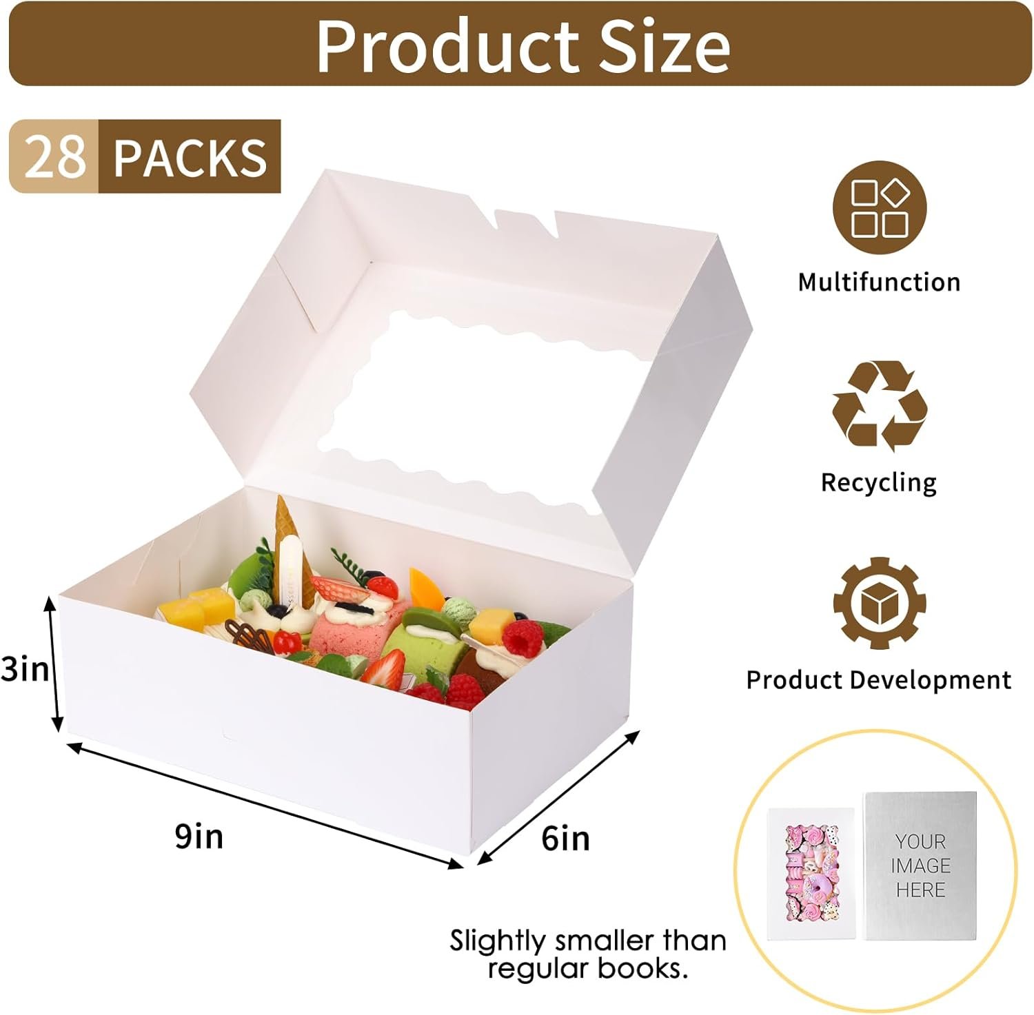 Großhandel 28 Stück Kuchenboxen mit Fenster, 9x6x3 Zoll, weiße Bäckereiboxen zur Aufbewahrung von Süßigkeiten, Muffins und Donuts mit individuellem Logo, vom Hersteller geliefert, für Bulk-Bestellungen geeignet.