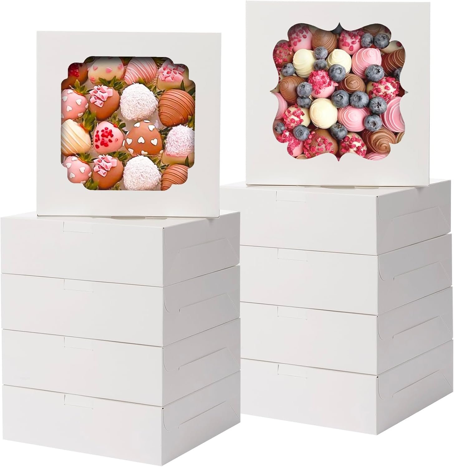 Individuelles Logo für 60 Stück Keksschachteln 8x8x2,5 Zoll mit zwei Fensterdesigns für Schokolade, Erdbeeren, Torte, Gebäck, Dessert, Kuchen vom Hersteller.