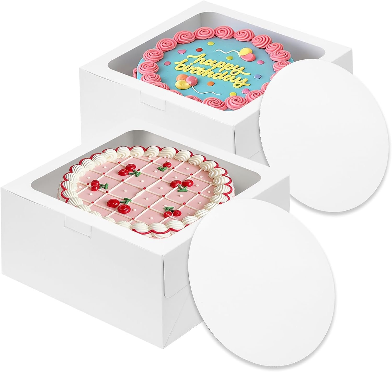 Großhandel Kuchenboxen 10 Zoll 2er Pack mit Brettern, 10x10x5 Zoll, weiße Tragetasche für Backwaren, ideal für OEM und Eigenmarke, disposable Verpackungen für Valentinstag, Muttertag, Kuchen, Cupcakes, Kekse, Torten und Gebäck.