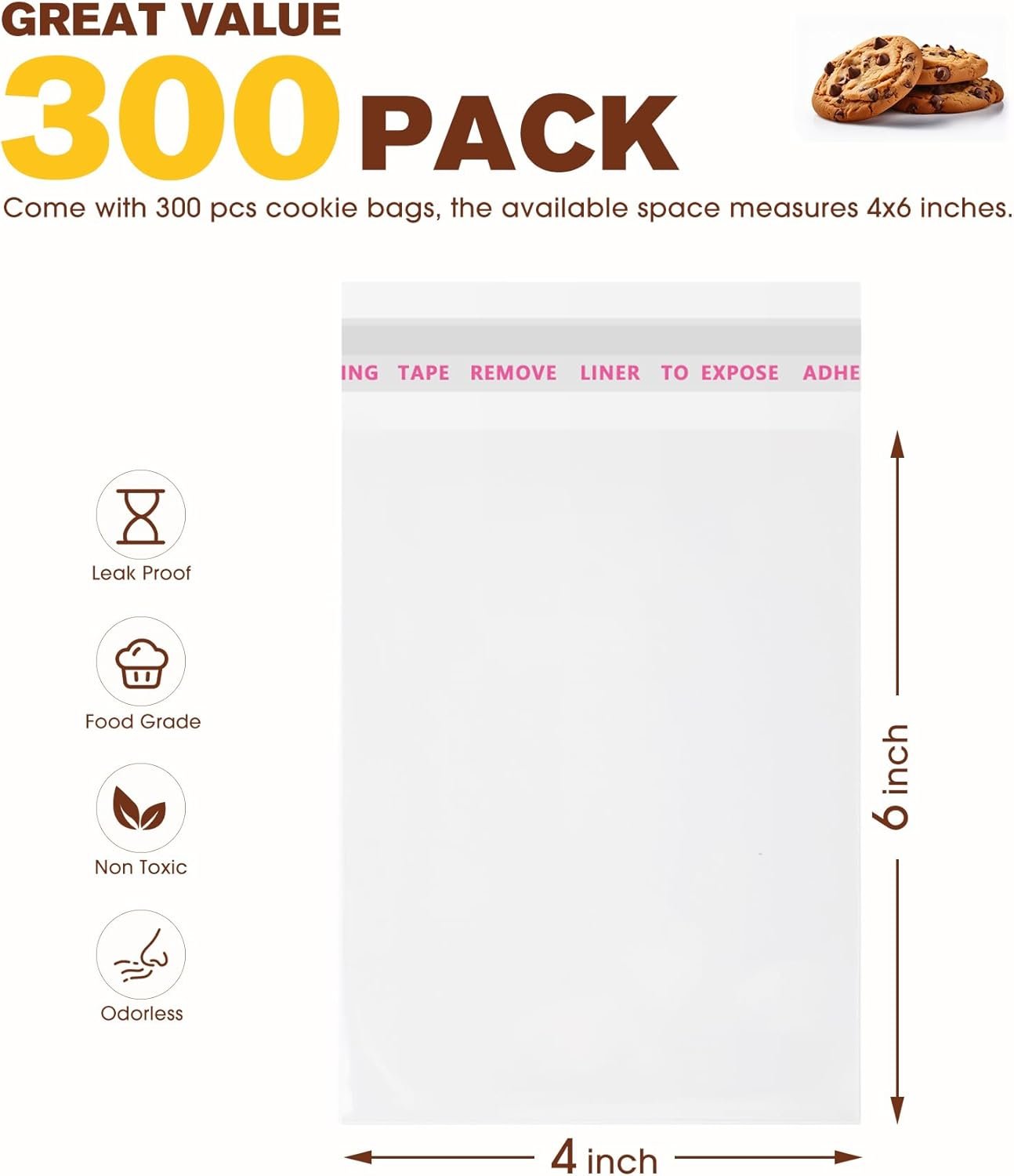 Großhandel 300 Pcs Klarsicht Cookie Bags 4x6 Zoll mit Siegel, Resealbare Cellophanbeutel für individuelle Verpackungen, Hersteller von Selbstklebenden Tüten für Cookies, Süßigkeiten, Geschenke. OEM 3 Mils Einzeln verpackte Tüten.