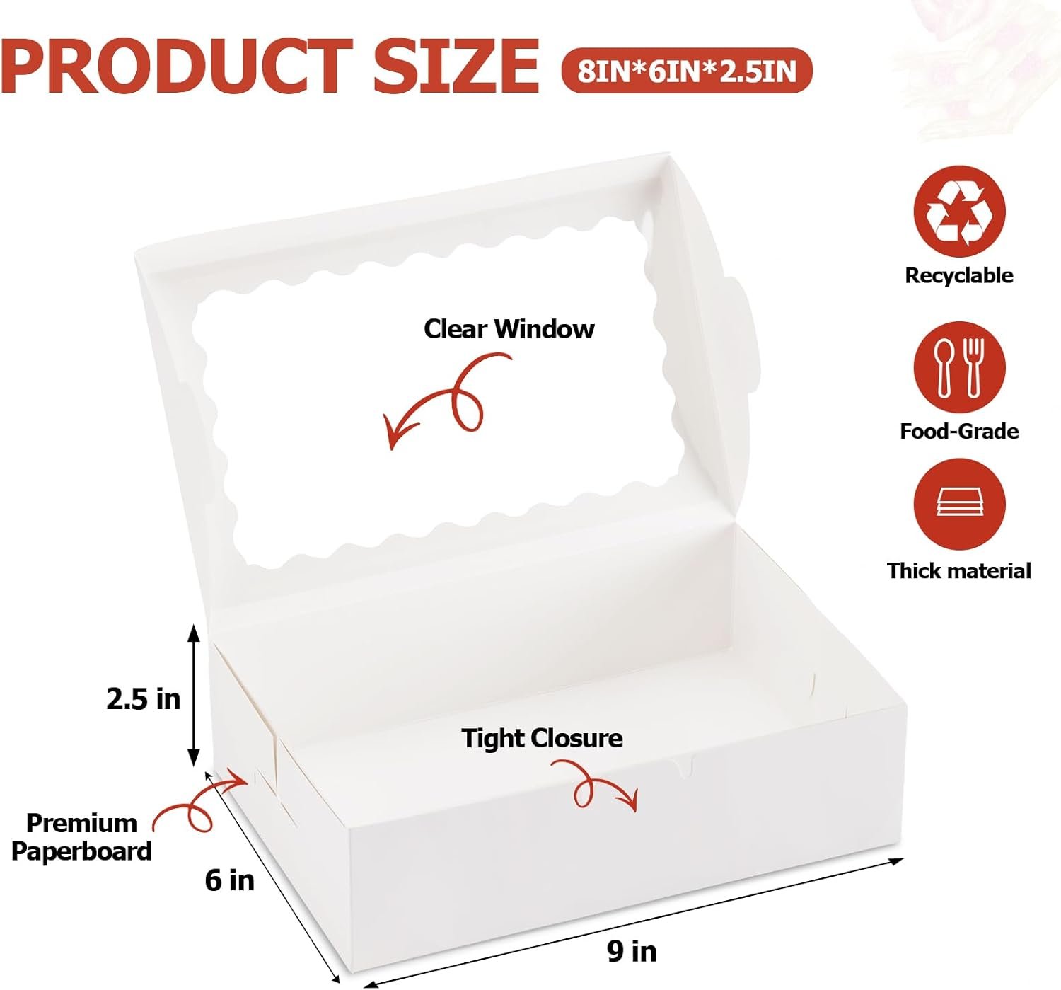 Großhandel 20er Set Cookie Boxen mit Fenster, 9x6x2,5 Zoll weiße Verpackungen für Desserts, Leckereien, Gebäck, Donuts, Schokoladenüberzogene Erdbeeren - Baked Goods Packaging für individuelles Logo und OEM