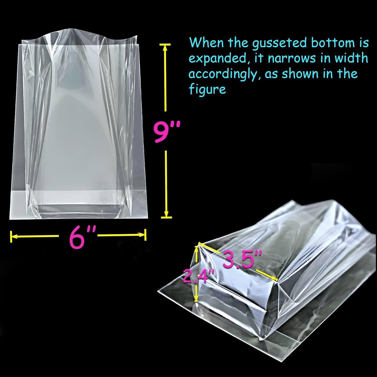 Großhandel Cellophane Treat Bags 6x9 Inch, 50 Pack klare Goodie Bags mit Bodenfalten für Stand-Up Display, kleine Plastiktüten für Cookies, Süßigkeiten, Partygeschenke, Popcorn, individuelles Logo, inklusive 50 goldene Bänder.