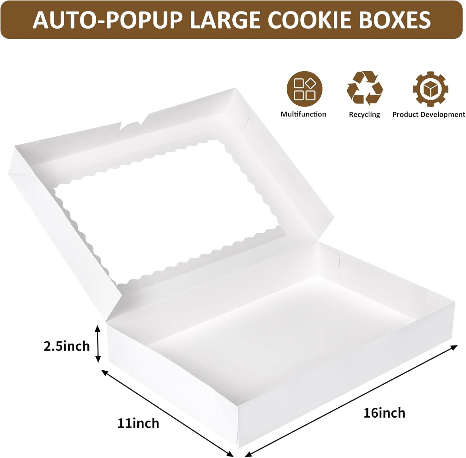 Großhandel 40 Stück große Bäckerei-Boxen 16x11x2,5 Zoll Auto-Popup-Cookie-Boxen mit Fenster für Donuts, Süßigkeiten, Gebäck, Torten, Muffins, mit individuellem Logo erhältlich bei unserem Hersteller.