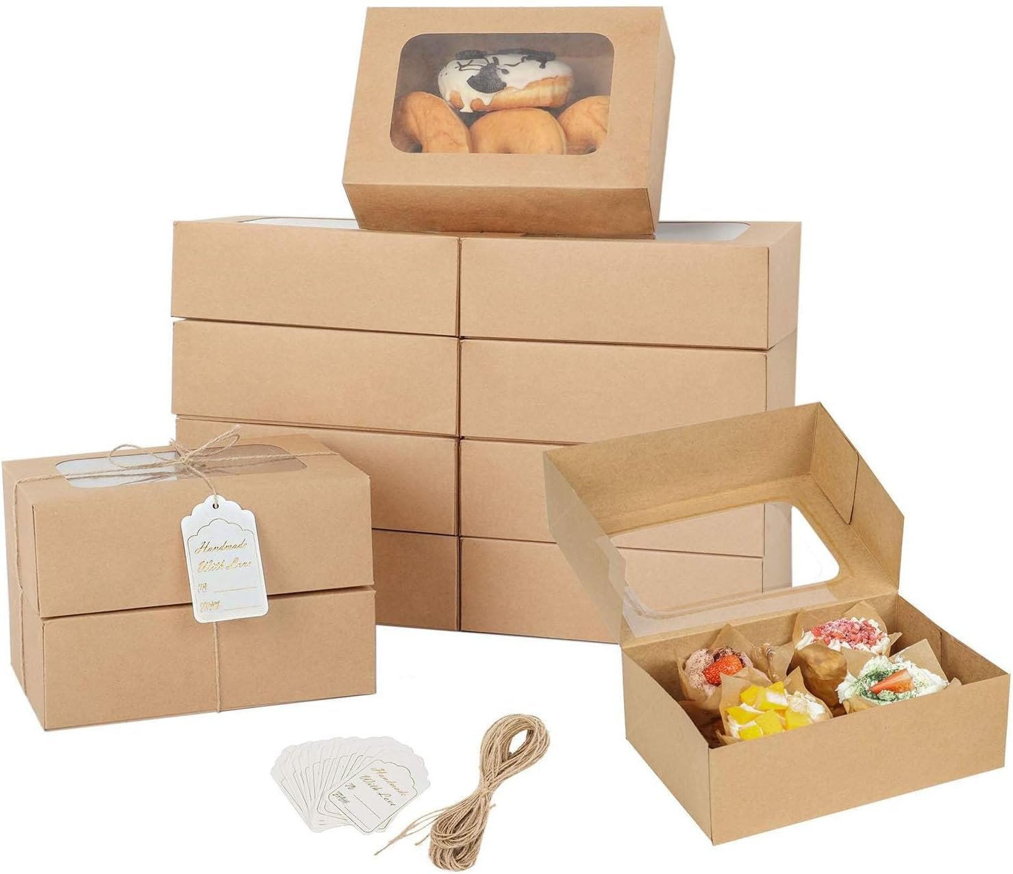 Individuelles Logo 24 Stück Kuchenboxen mit Fenster für Geschenke, braune Bäckerei Geschenkboxen 9 x 6,3 x 3 Zoll, einfache Verpackung für Kekse, Cupcakes, Donuts und Patisserie, Hersteller.