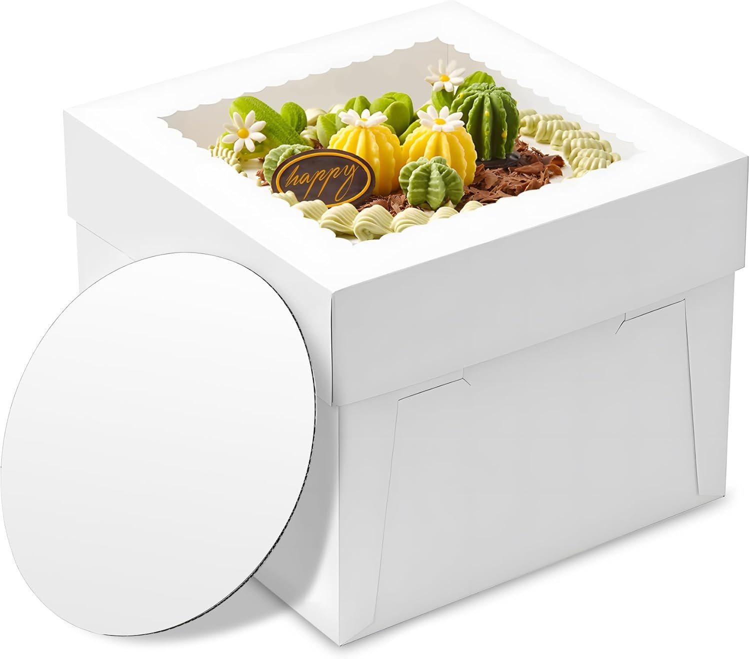 Großhandel 3er Set Kuchenboxen 10x10x8 Zoll mit Sichtfenster, Kuchenbrett und Aufkleber, Hersteller für hohe Kuchenboxen, geeignet für Geburtstag, Party, Hochzeit, Bankett, OEM.