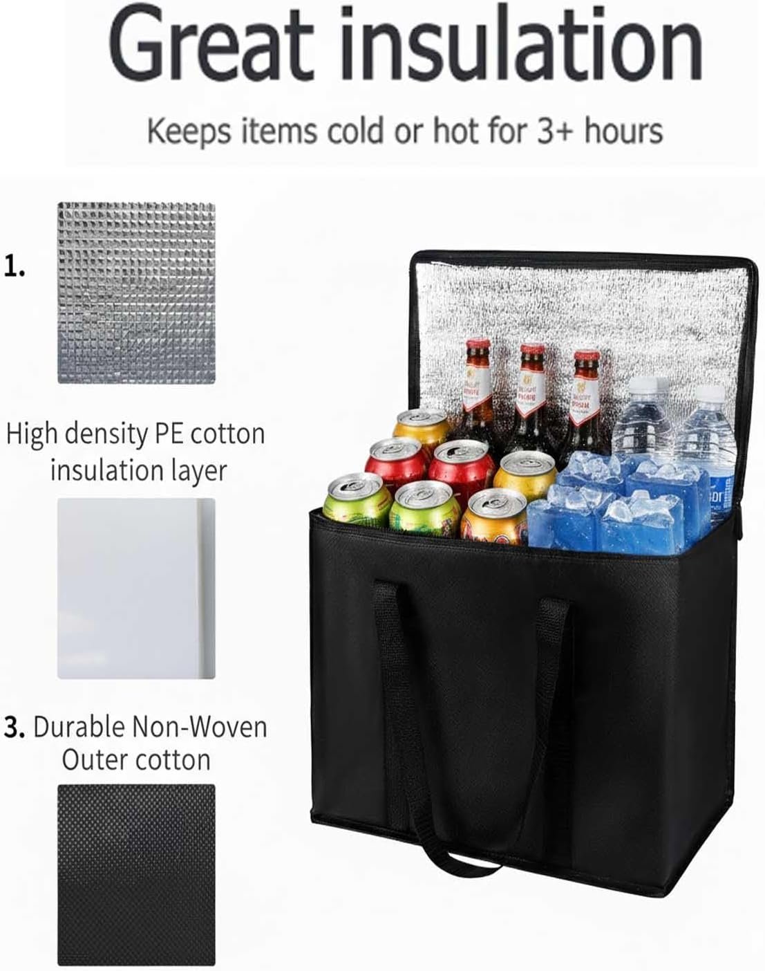 Individuelles Logo für Getränkehalter mit Griff, wiederverwendbare Tragebeutel für heiße oder kalte Getränke, als essentielle Ausstattung für Lieferfahrer, erhältlich vom Hersteller in coolem, isoliertem Schwarz.