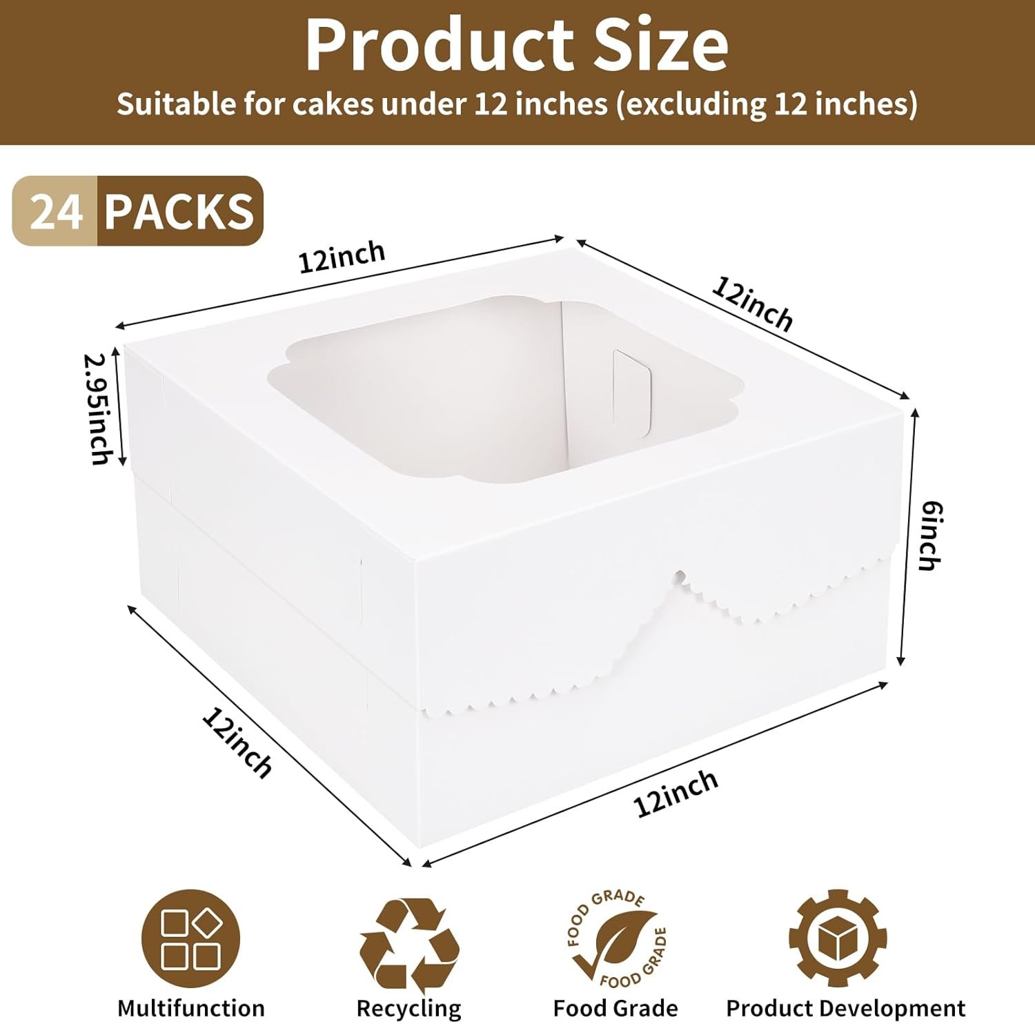 Großhandel 24 Stück Kuchenboxen 12x12x6 Zoll quadratische Bäckereiboxen mit Fenster, ideal für individuelle Logos, Pastries, Schokolade, Kekse, Torten, Geburtstagsfeiern, Hochzeiten und Muttertag. Hersteller für Bulk-Bestellungen.