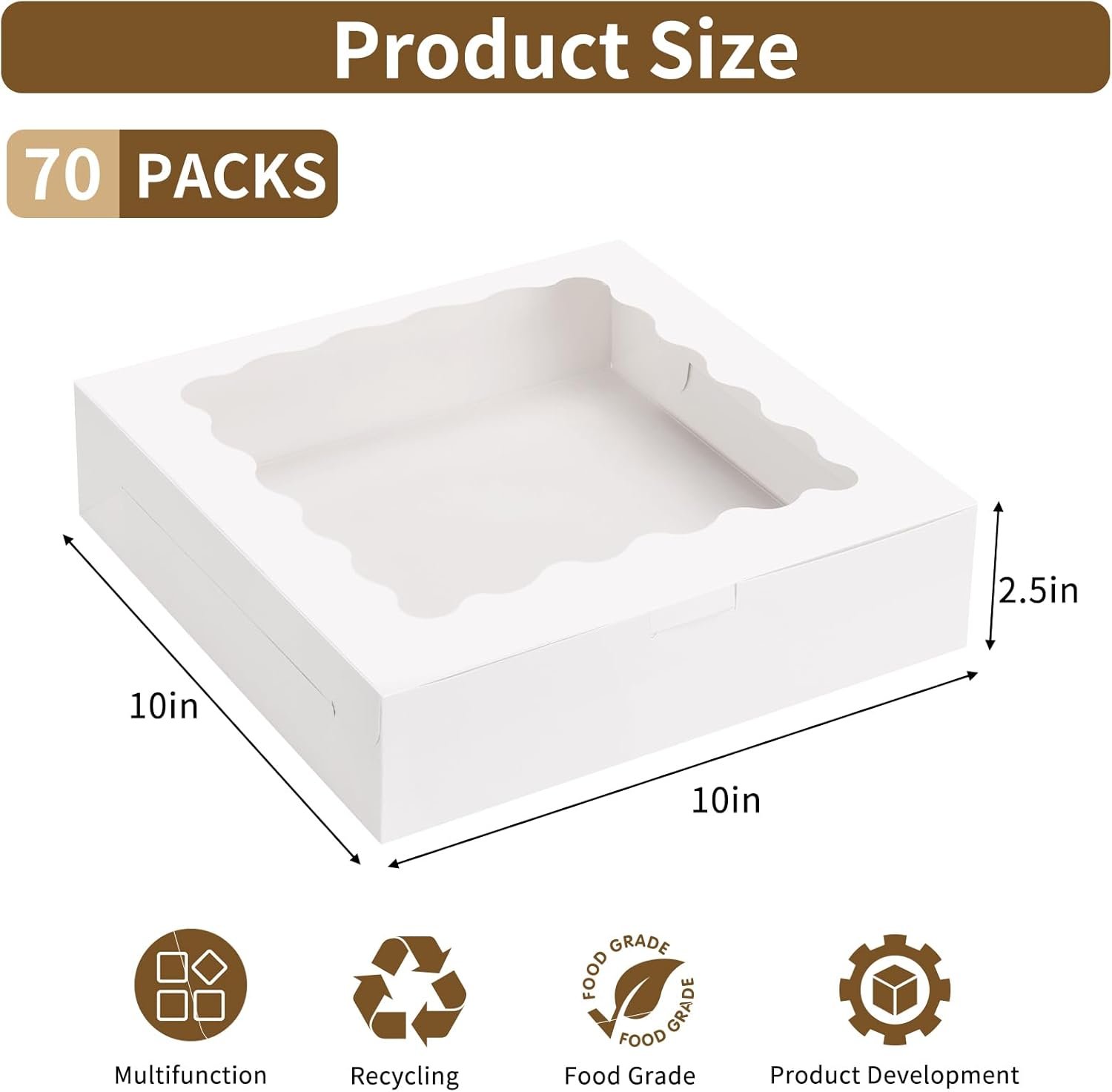 Großhandel 70 Stück weiße Kuchenboxen 10x10x2,5 mit Fenster, Cookie-Boxen für Torten, Treat-Boxen für Desserts, Muffins und Donuts, individueller Logo-Service von einem zuverlässigen Lieferanten.